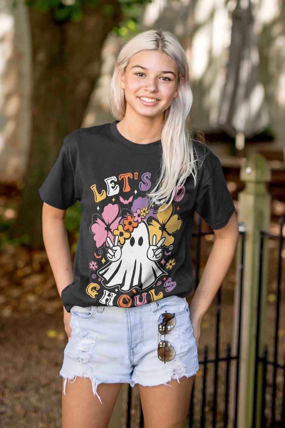 imageBrisco Brands Cute Hippie Ghost Lets Go Ghouls Womens Graphic T Shirt TeesBlack