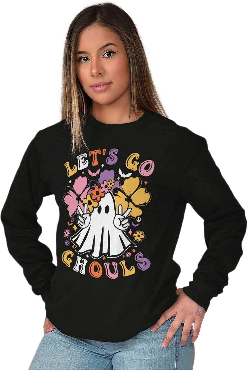 imageBrisco Brands Cute Hippie Ghost Lets Go Ghouls Womens Long Sleeve T ShirtBlack