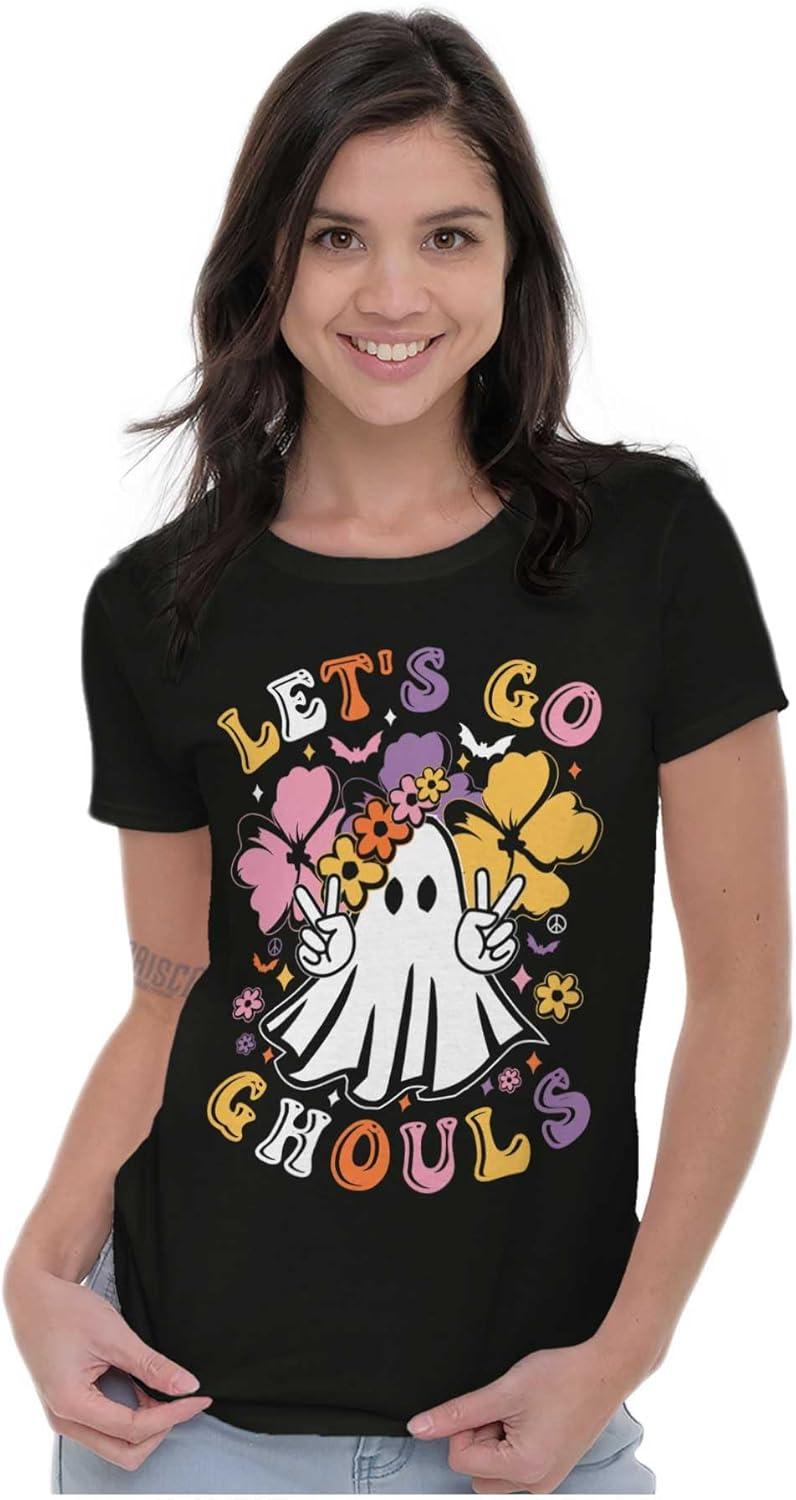 imageBrisco Brands Cute Hippie Ghost Lets Go Ghouls Womens Slim Fit Graphic TeeBlack