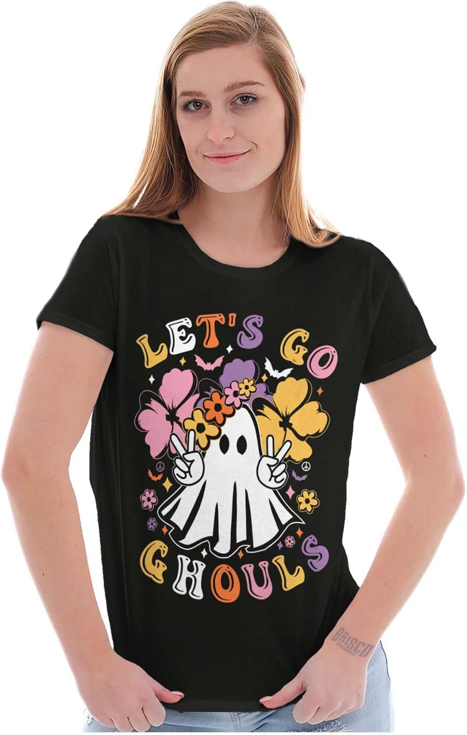 imageBrisco Brands Cute Hippie Ghost Lets Go Ghouls Womens Slim Fit Graphic TeeBlack