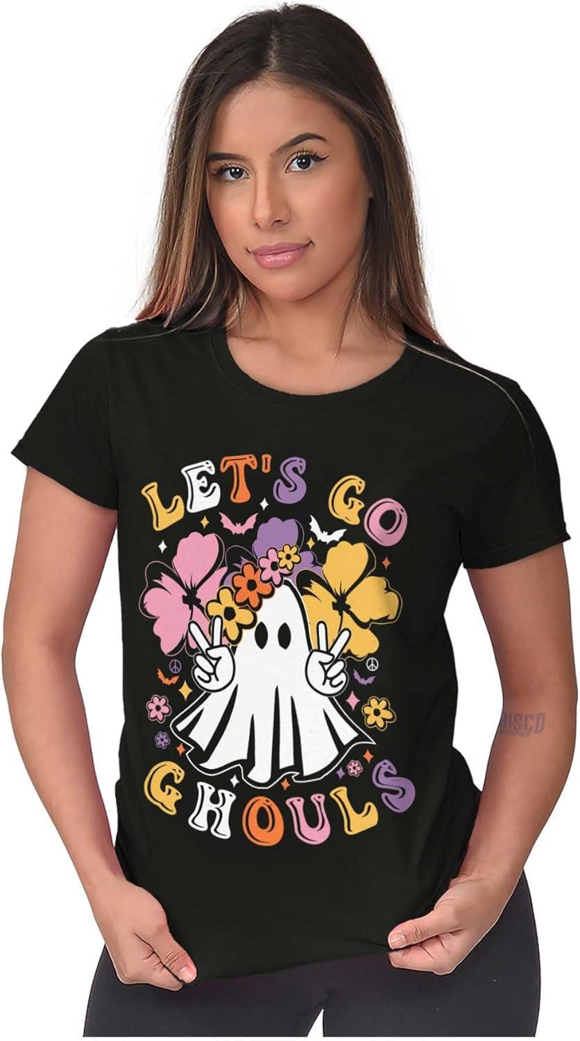 imageBrisco Brands Cute Hippie Ghost Lets Go Ghouls Womens Slim Fit Graphic TeeBlack