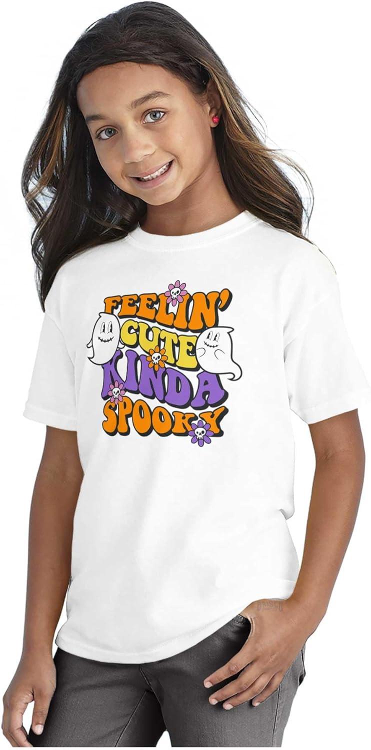 imageBrisco Brands Halloween Feelin Cute Kinda Spooky Girls Kids T Shirt TeesWhite