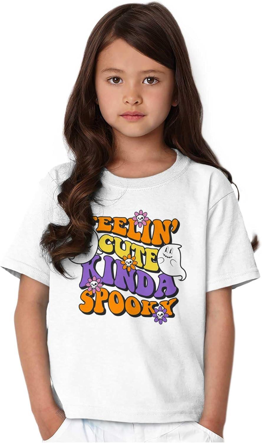 imageBrisco Brands Halloween Feelin Cute Kinda Spooky Girls Kids T Shirt TeesWhite