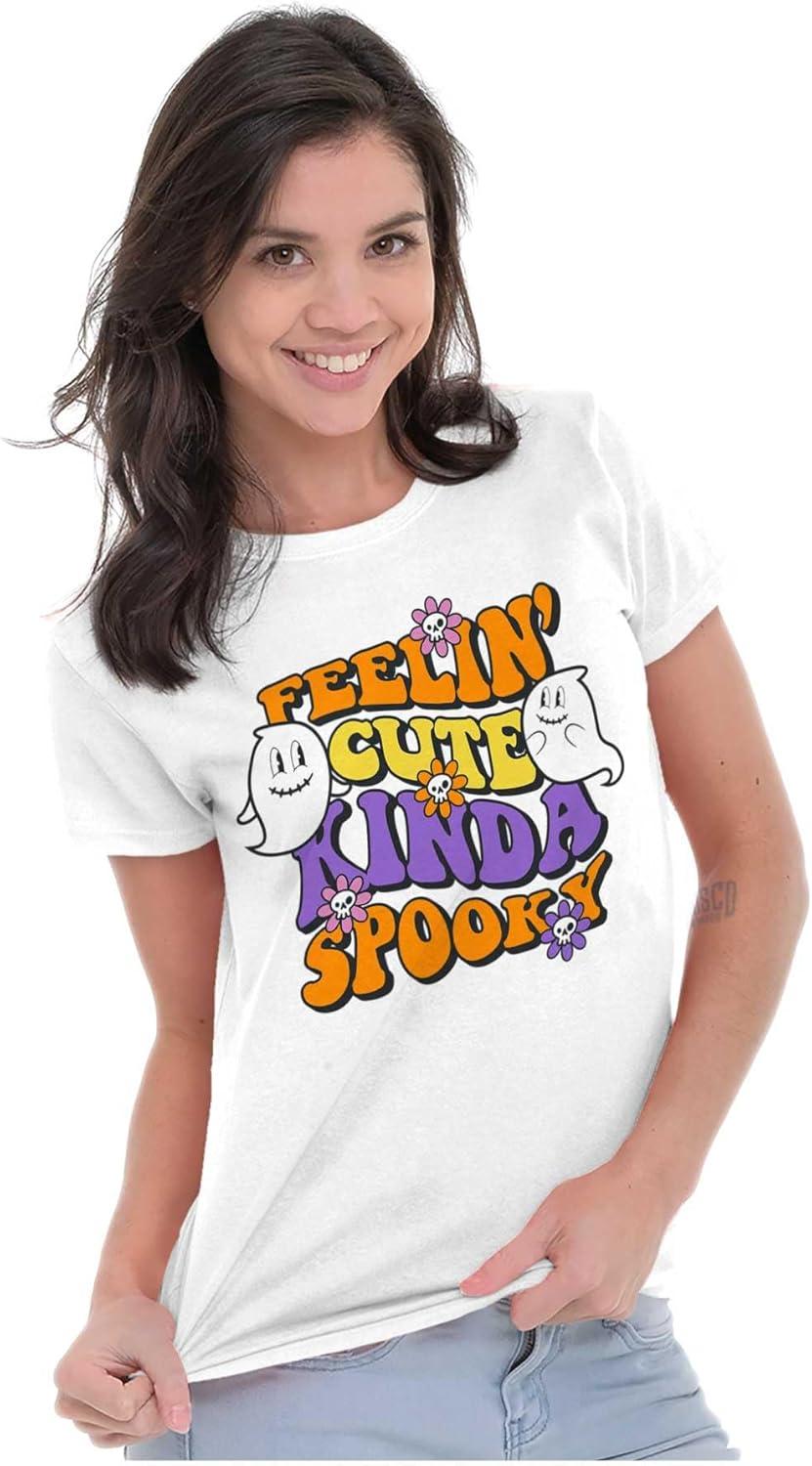 imageBrisco Brands Halloween Feelin Cute Kinda Spooky Womens Slim Fit Graphic TeeWhite