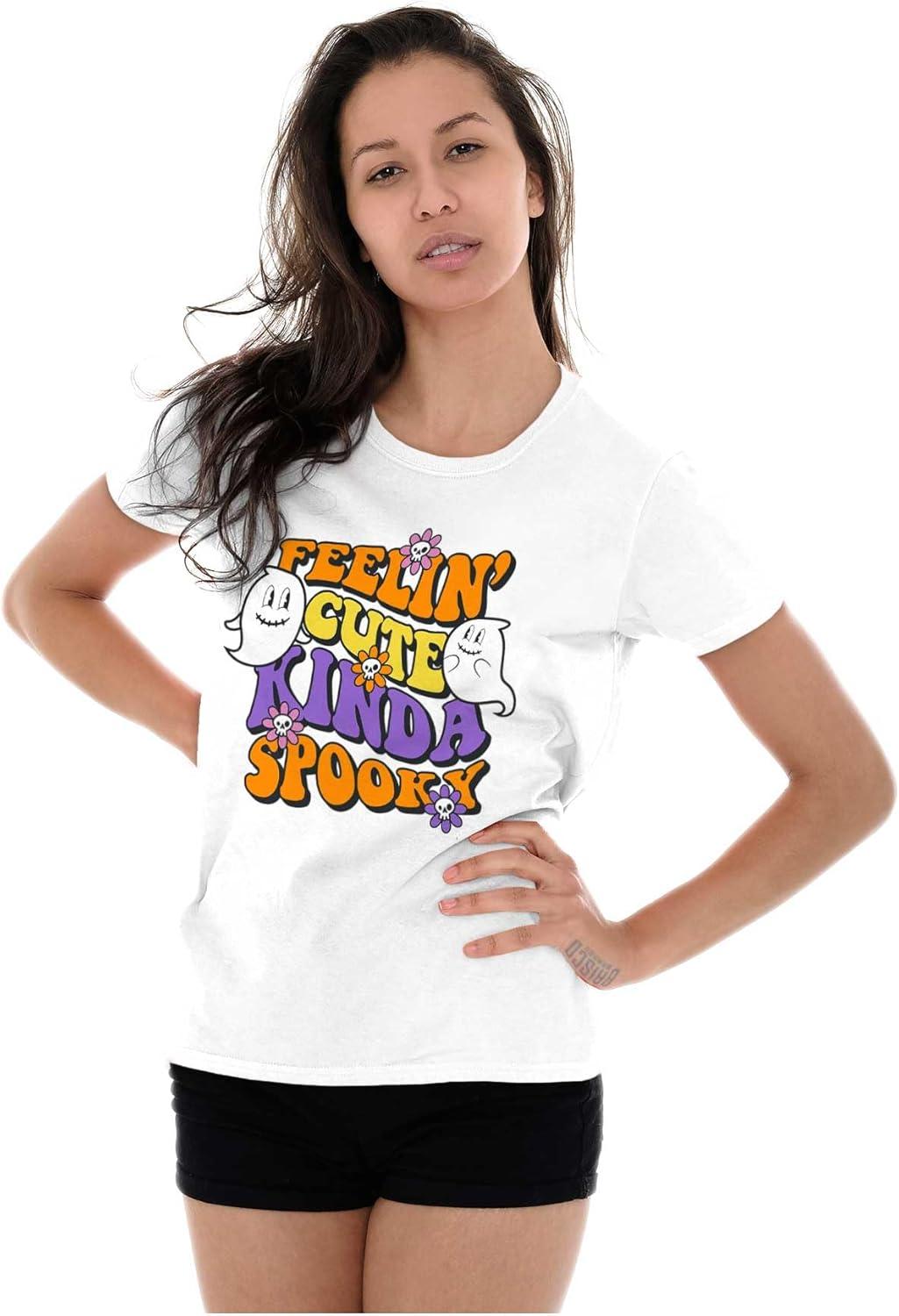 imageBrisco Brands Halloween Feelin Cute Kinda Spooky Womens Slim Fit Graphic TeeWhite