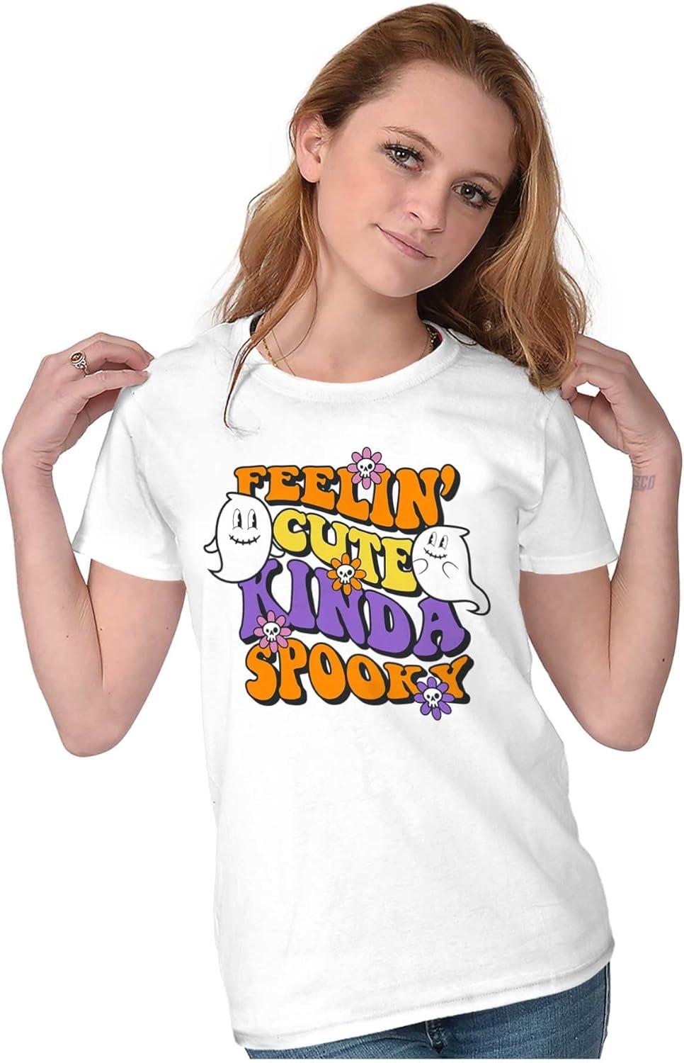 imageBrisco Brands Halloween Feelin Cute Kinda Spooky Womens Slim Fit Graphic TeeWhite