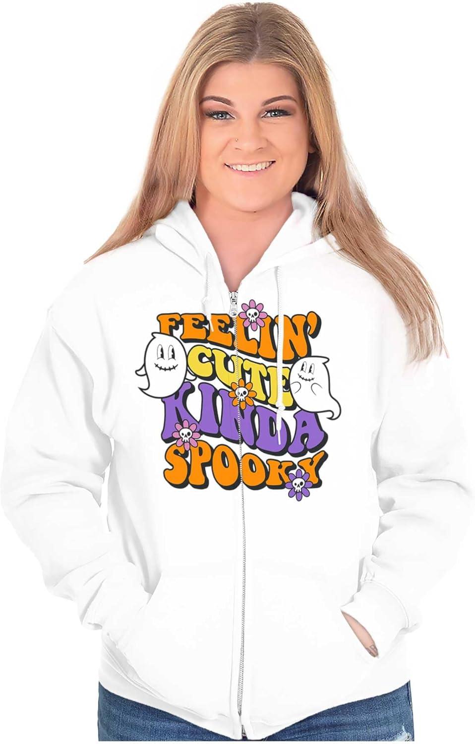 imageBrisco Brands Halloween Feelin Cute Kinda Spooky Zip Hoodie Sweatshirt WomenWhite