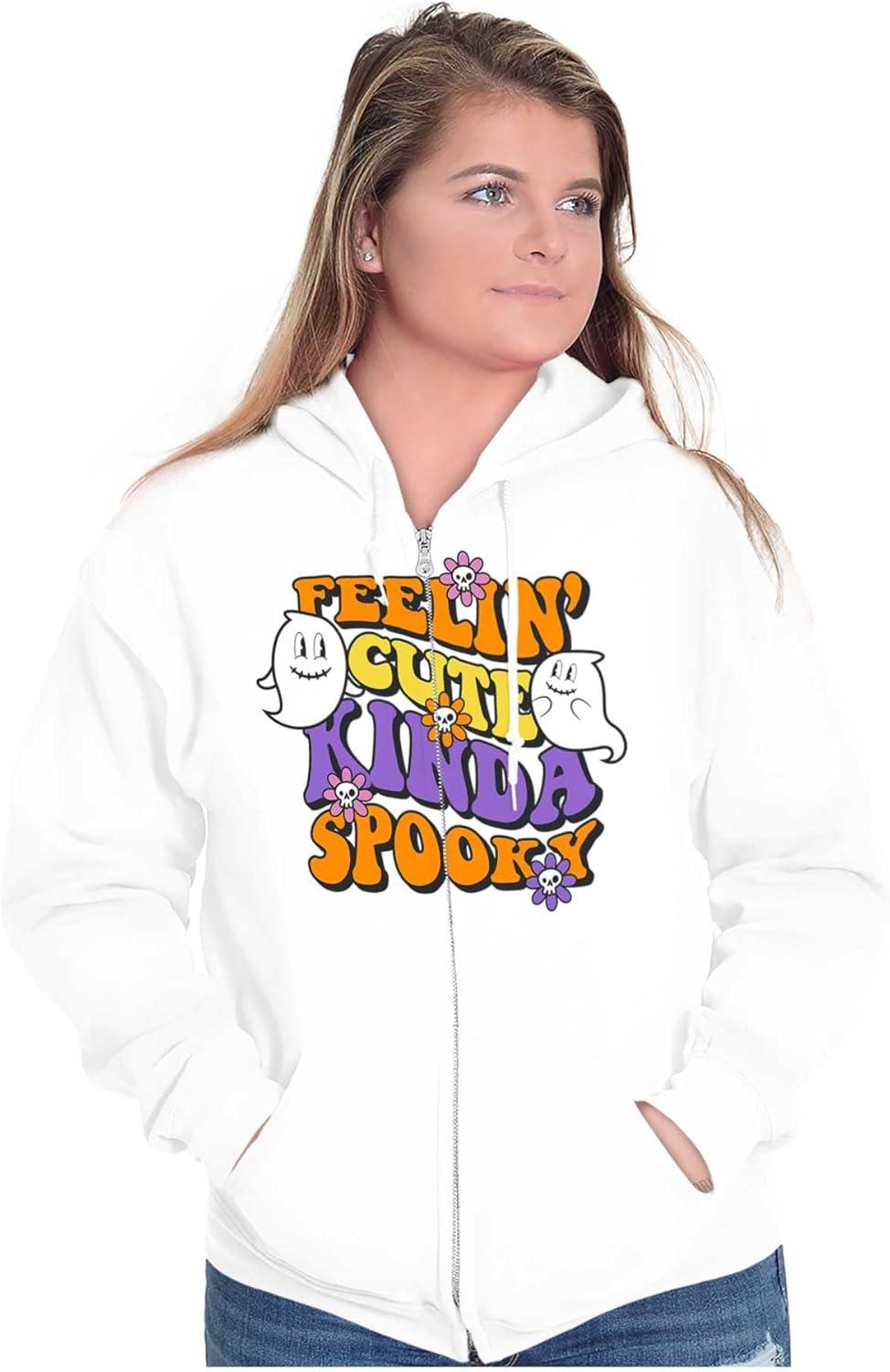 imageBrisco Brands Halloween Feelin Cute Kinda Spooky Zip Hoodie Sweatshirt WomenWhite