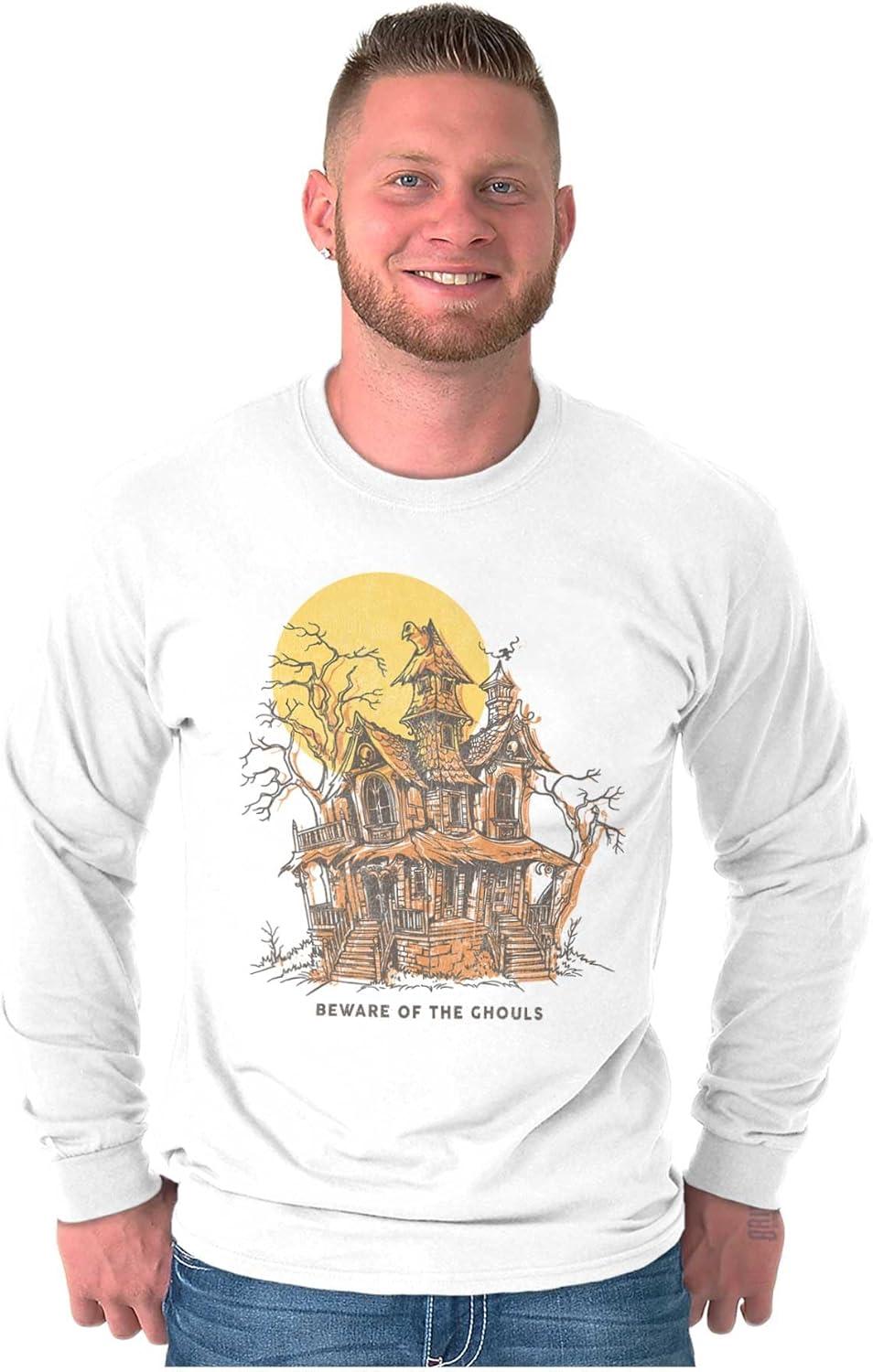 imageBrisco Brands Halloween Haunted House Beware Ghouls Long Sleeve Tshirt Men WomenWhite