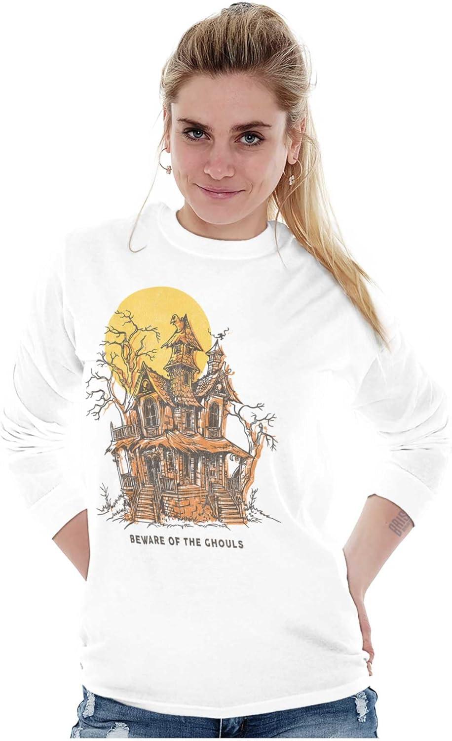 imageBrisco Brands Halloween Haunted House Beware Ghouls Long Sleeve Tshirt Men WomenWhite