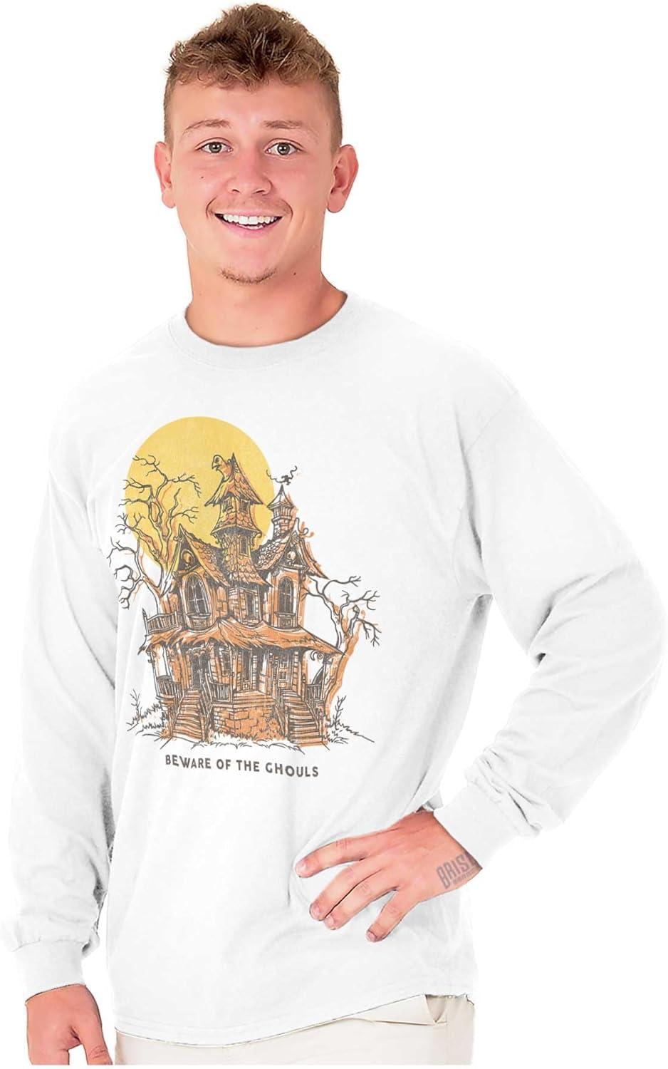 imageBrisco Brands Halloween Haunted House Beware Ghouls Long Sleeve Tshirt Men WomenWhite