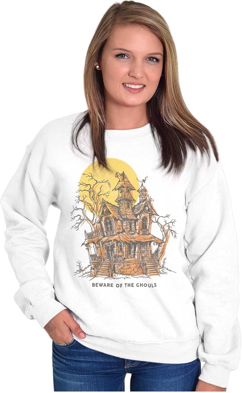 imageBrisco Brands Halloween Haunted House Beware Ghouls Sweatshirt for Men or WomenWhite