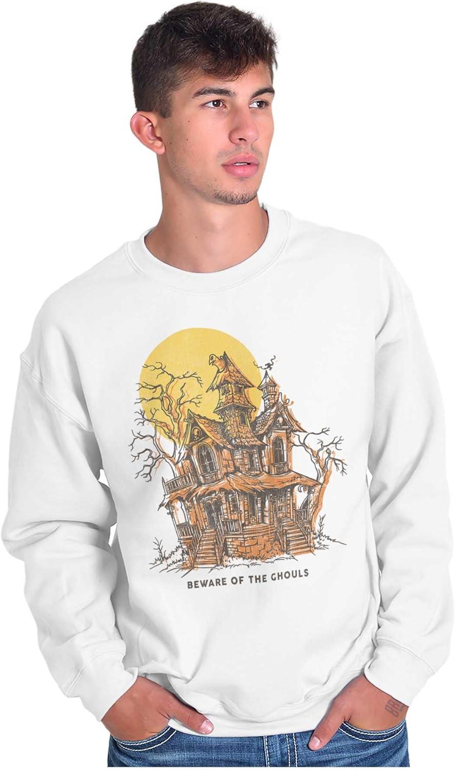 imageBrisco Brands Halloween Haunted House Beware Ghouls Sweatshirt for Men or WomenWhite