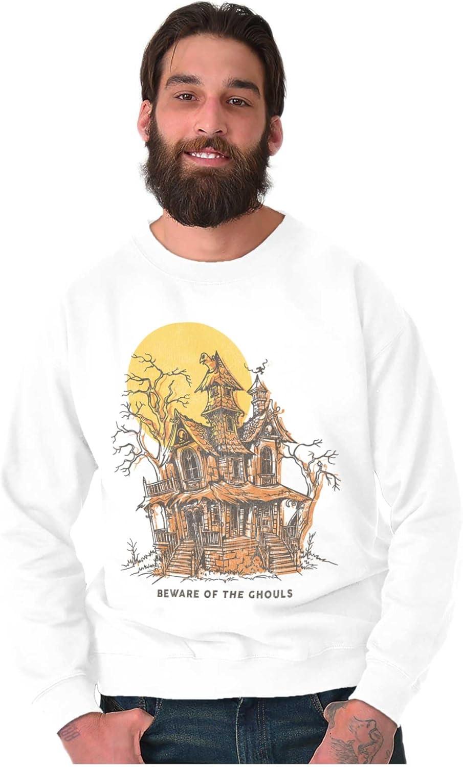 imageBrisco Brands Halloween Haunted House Beware Ghouls Sweatshirt for Men or WomenWhite