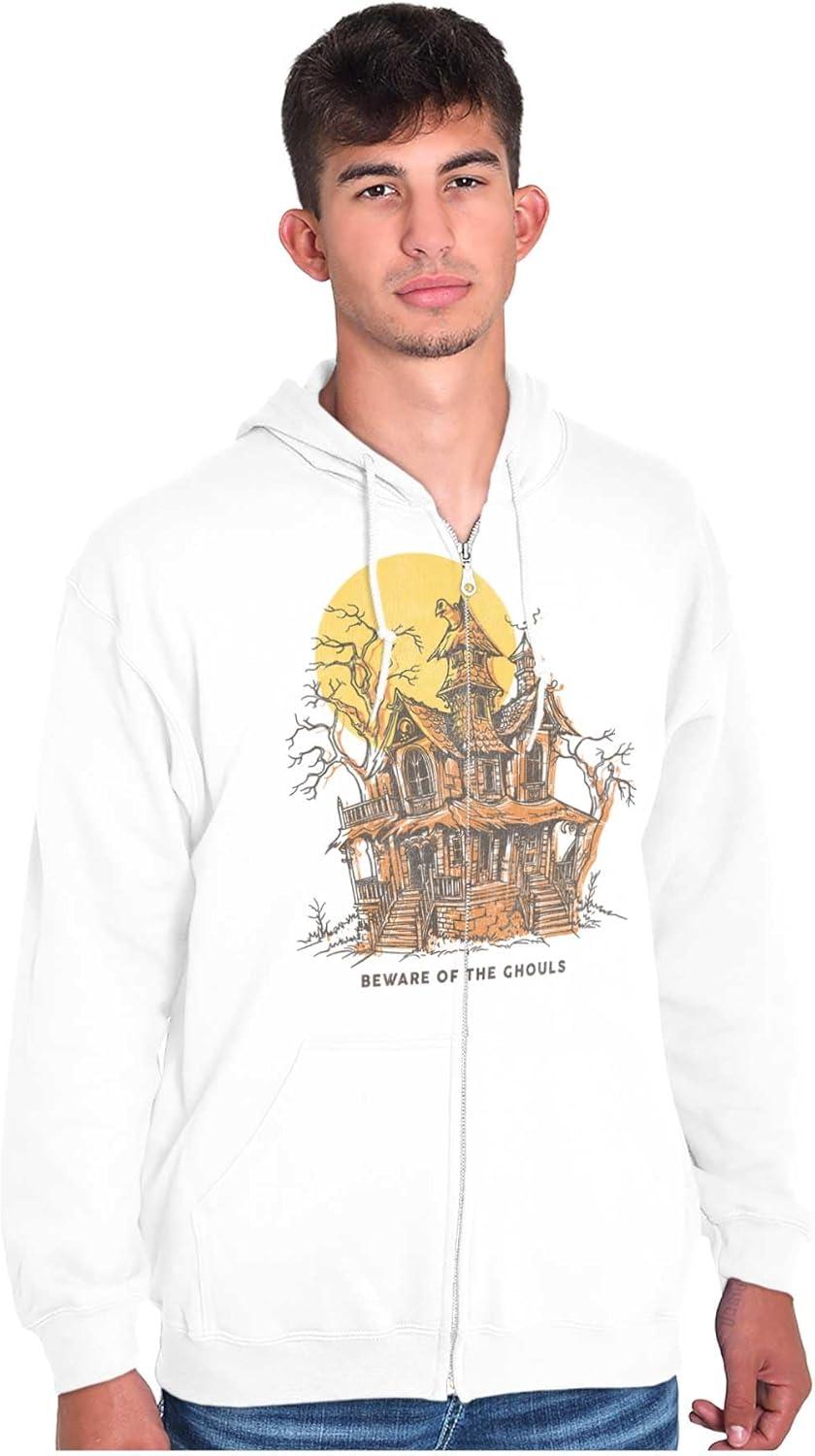 imageBrisco Brands Halloween Haunted House Beware Ghouls Zip Up Hoodie Mens WomensWhite