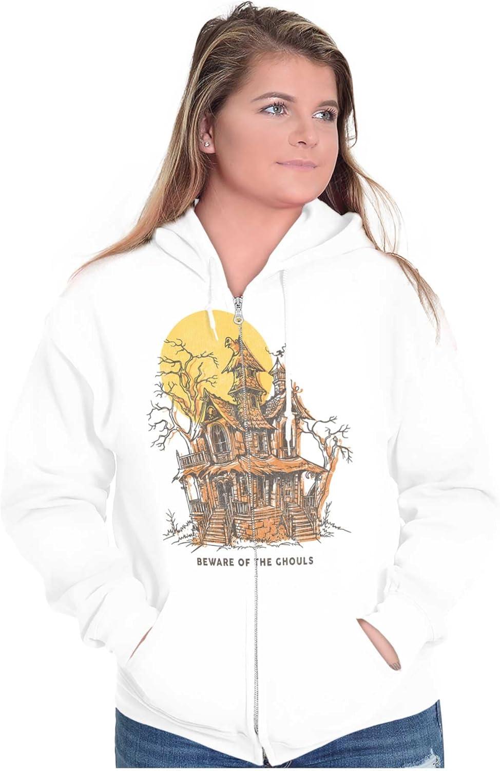 imageBrisco Brands Halloween Haunted House Beware Ghouls Zip Up Hoodie Mens WomensWhite