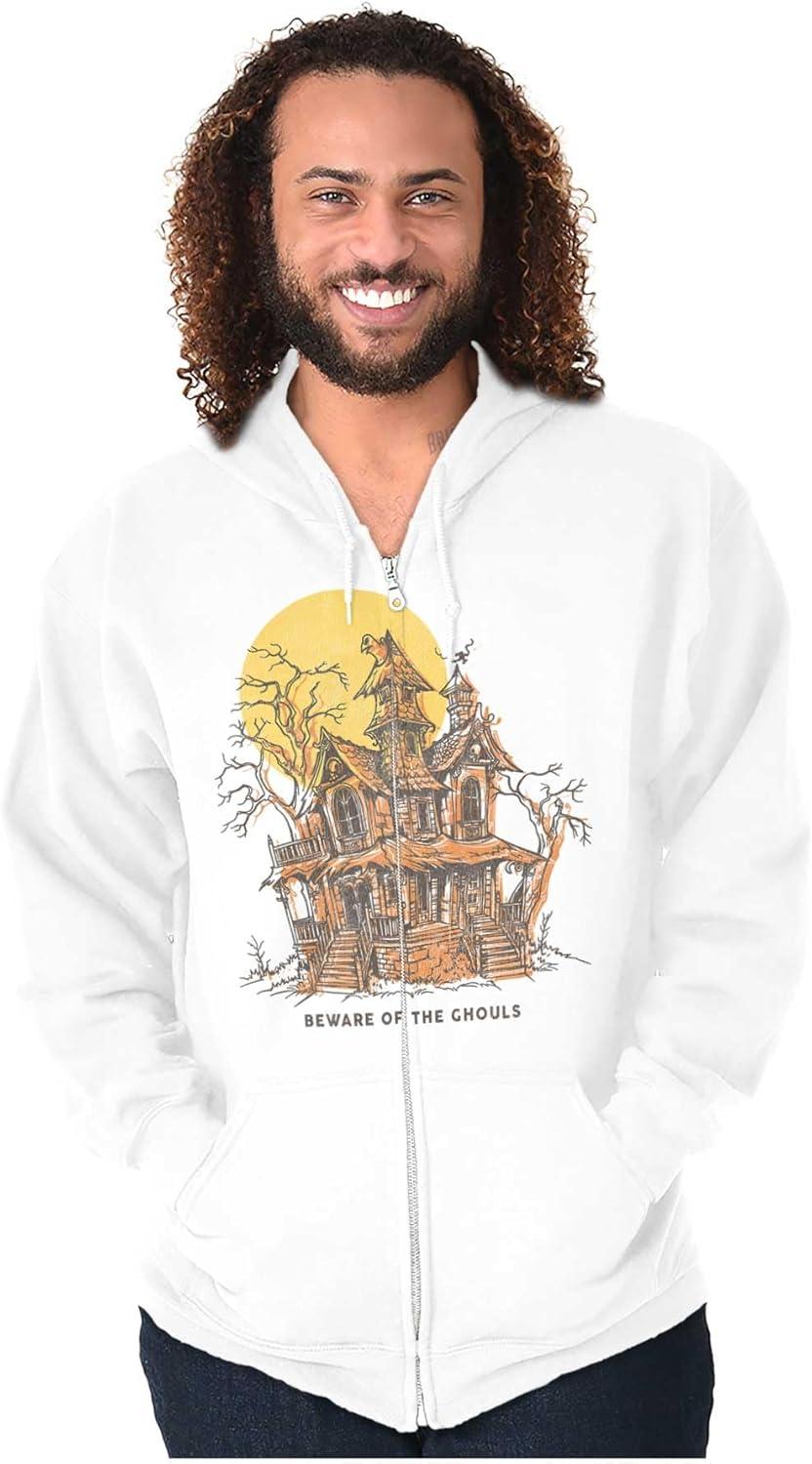 imageBrisco Brands Halloween Haunted House Beware Ghouls Zip Up Hoodie Mens WomensWhite