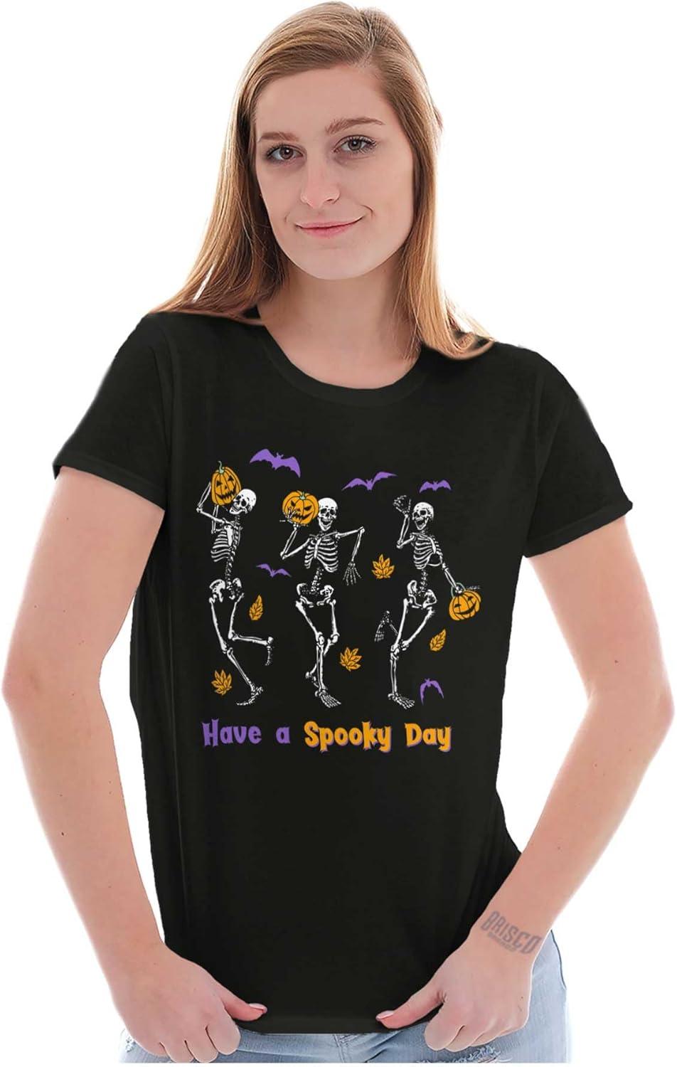 imageBrisco Brands Halloween Have A Spooky Day Skeletons Womens Slim Fit Graphic TeeBlack