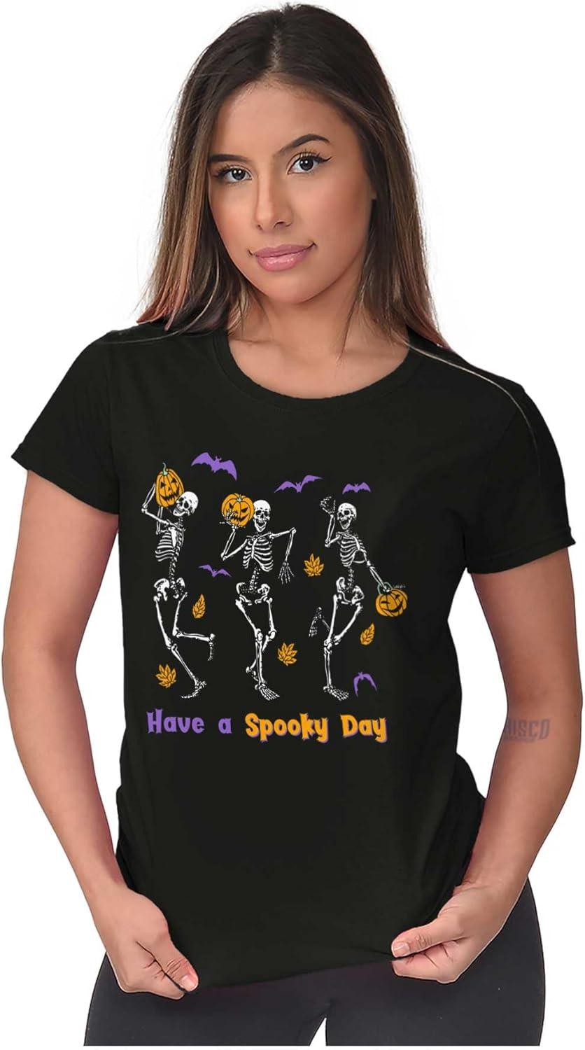 imageBrisco Brands Halloween Have A Spooky Day Skeletons Womens Slim Fit Graphic TeeBlack