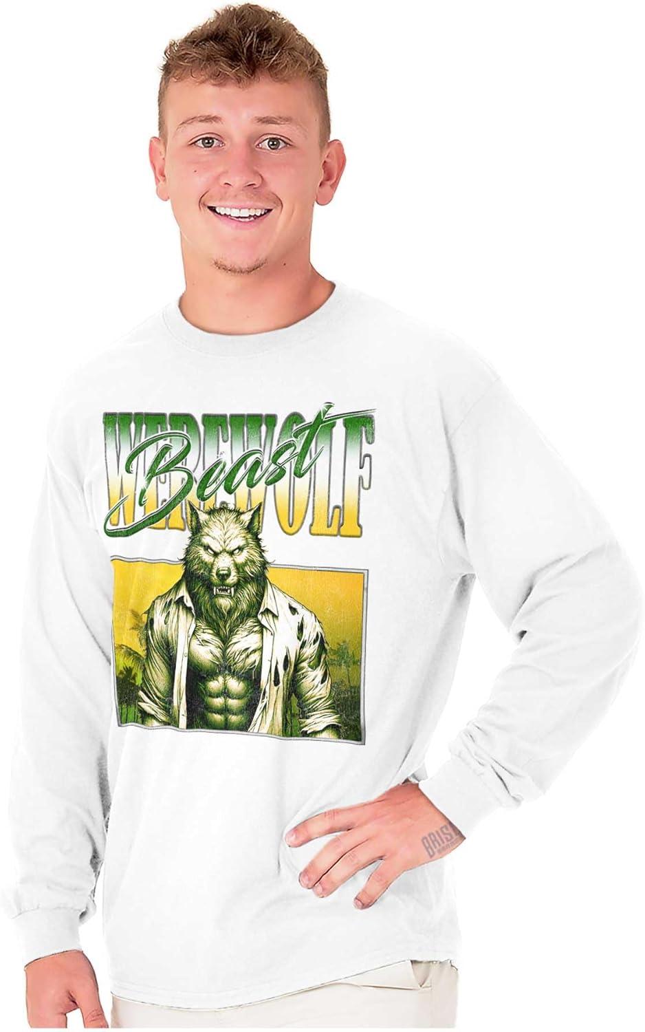 imageBrisco Brands Halloween Monster Werewolf Beast Long Sleeve Tshirt Men WomenWhite