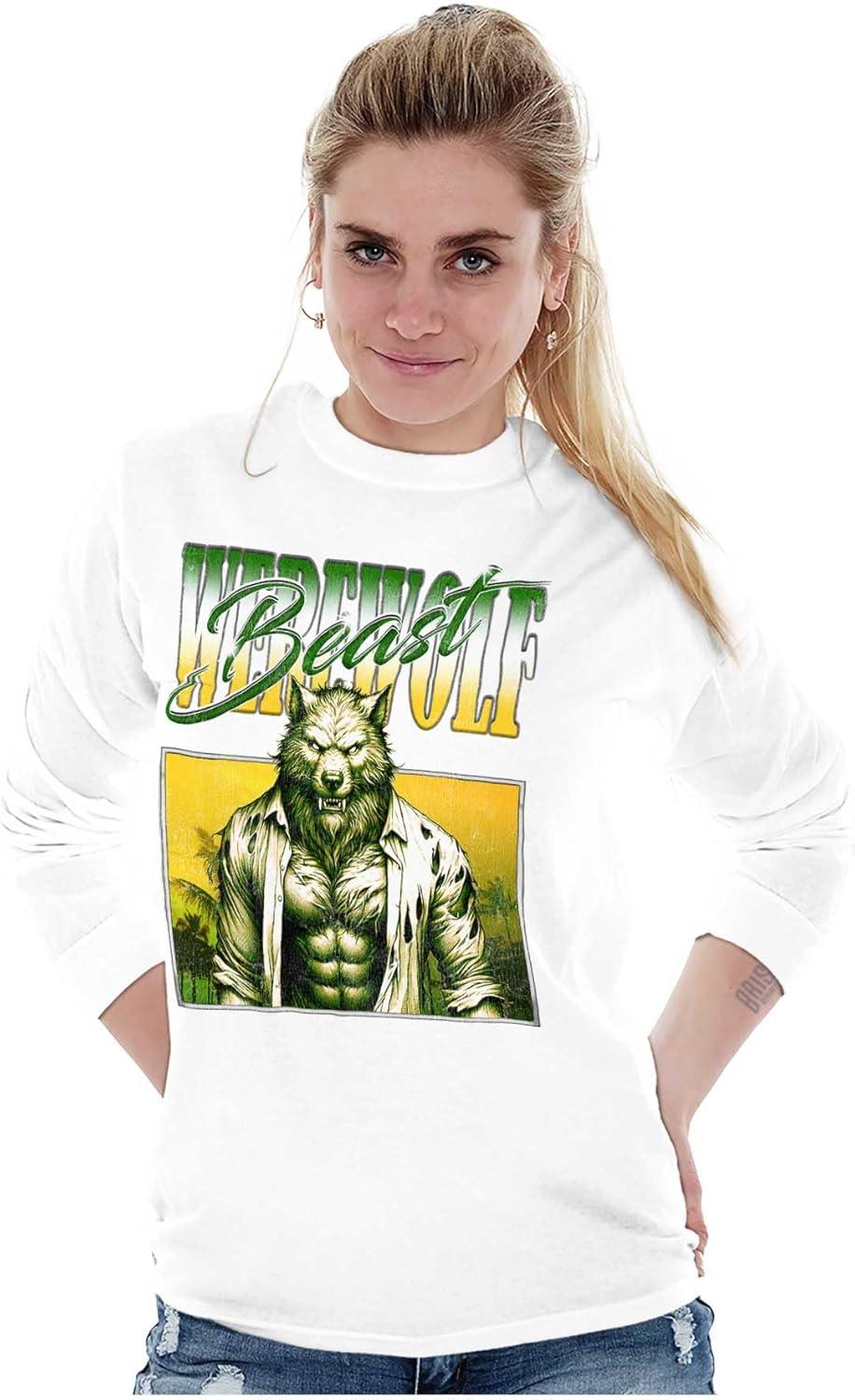 imageBrisco Brands Halloween Monster Werewolf Beast Long Sleeve Tshirt Men WomenWhite