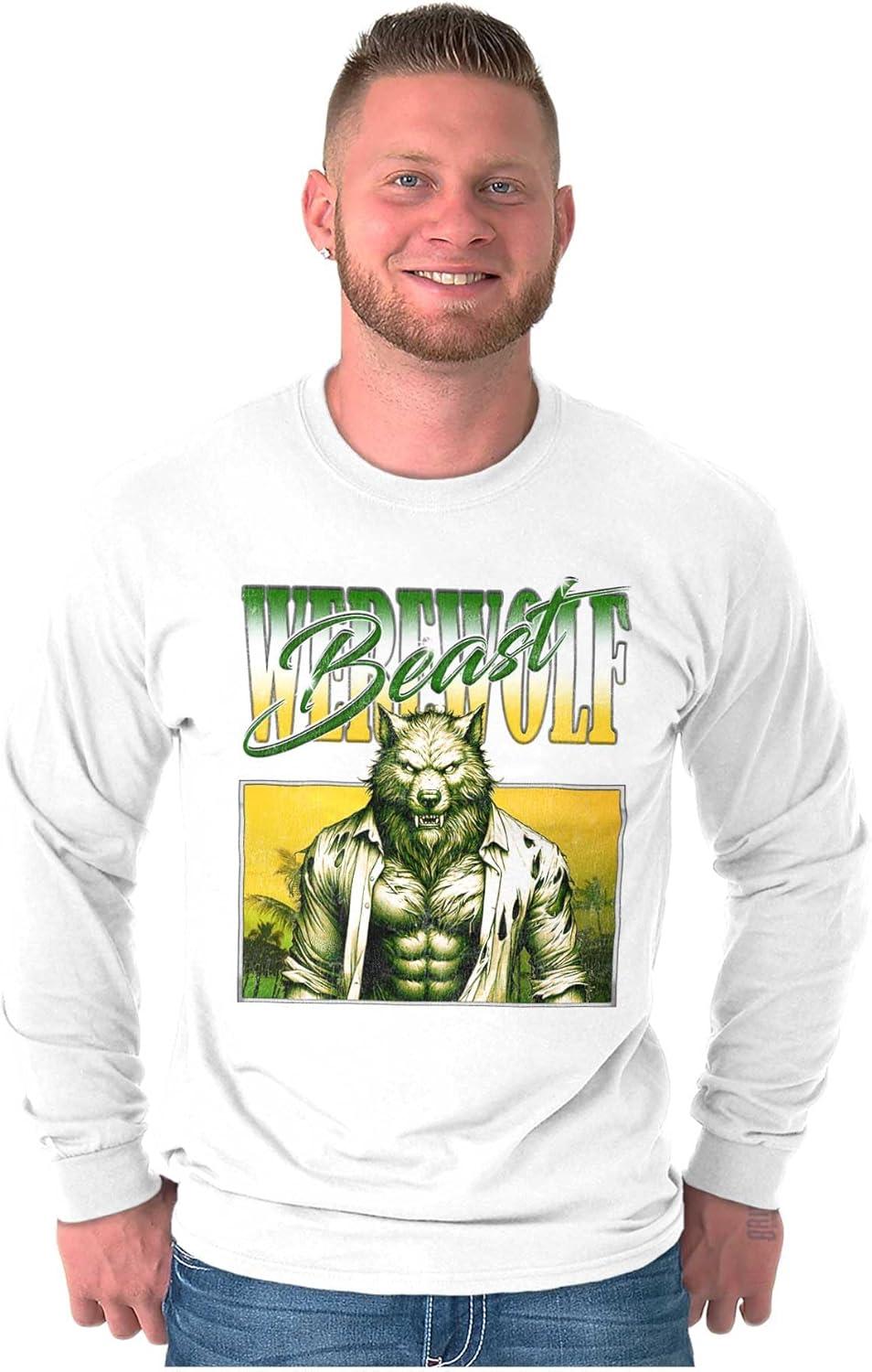 imageBrisco Brands Halloween Monster Werewolf Beast Long Sleeve Tshirt Men WomenWhite