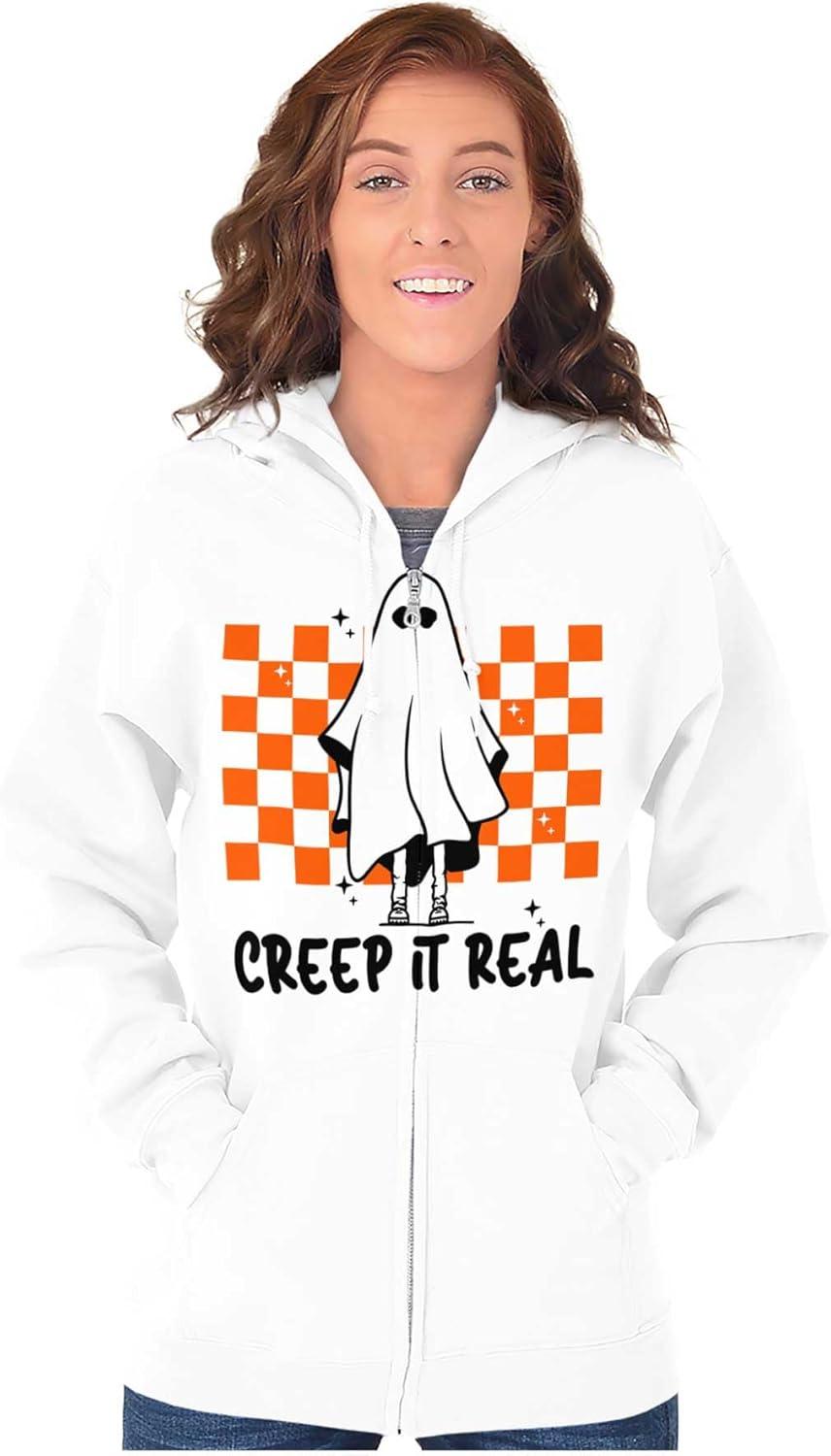imageBrisco Brands Halloween Spooky Ghost Creep It Real Zip Up Hoodie Mens WomensWhite