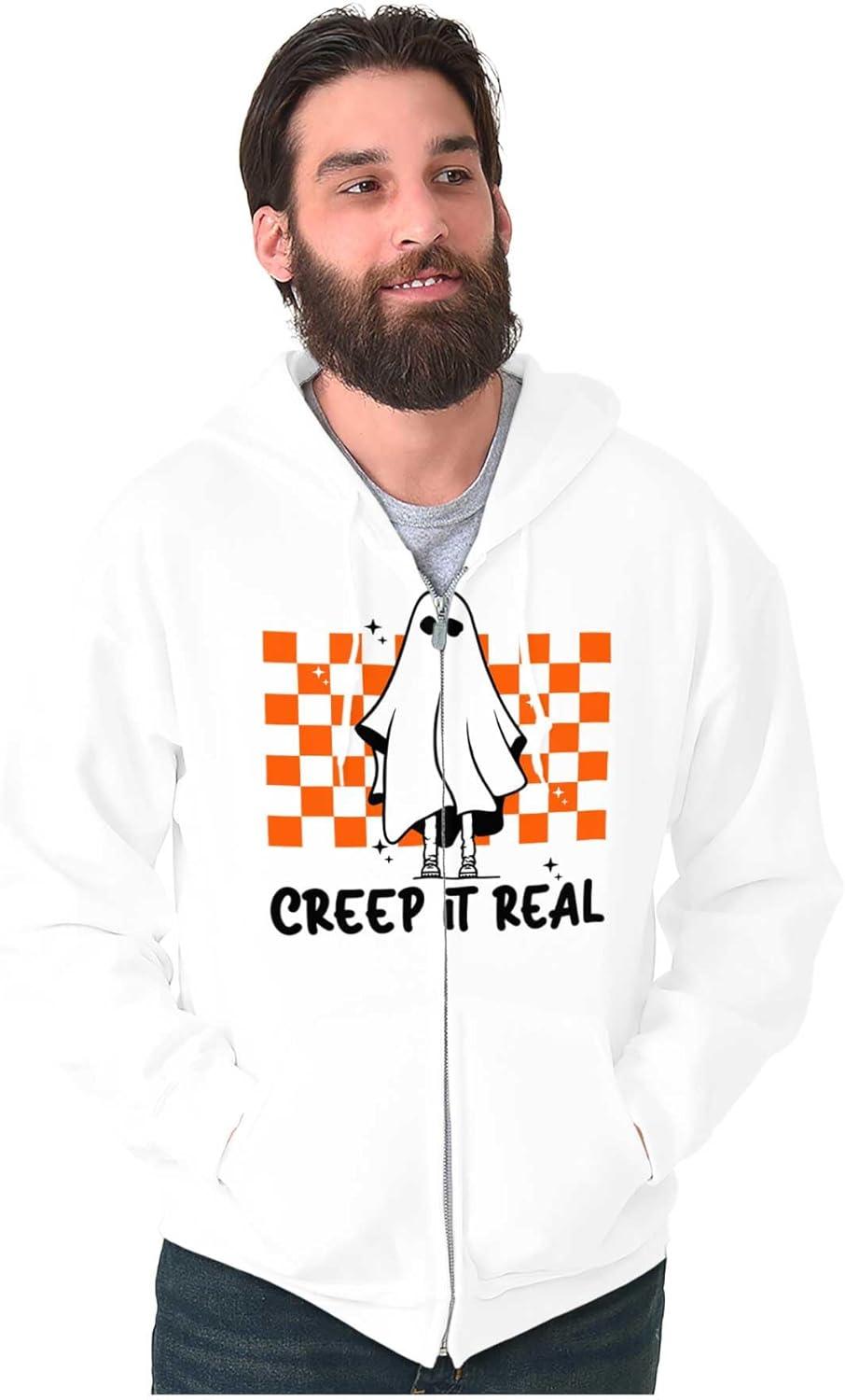 imageBrisco Brands Halloween Spooky Ghost Creep It Real Zip Up Hoodie Mens WomensWhite