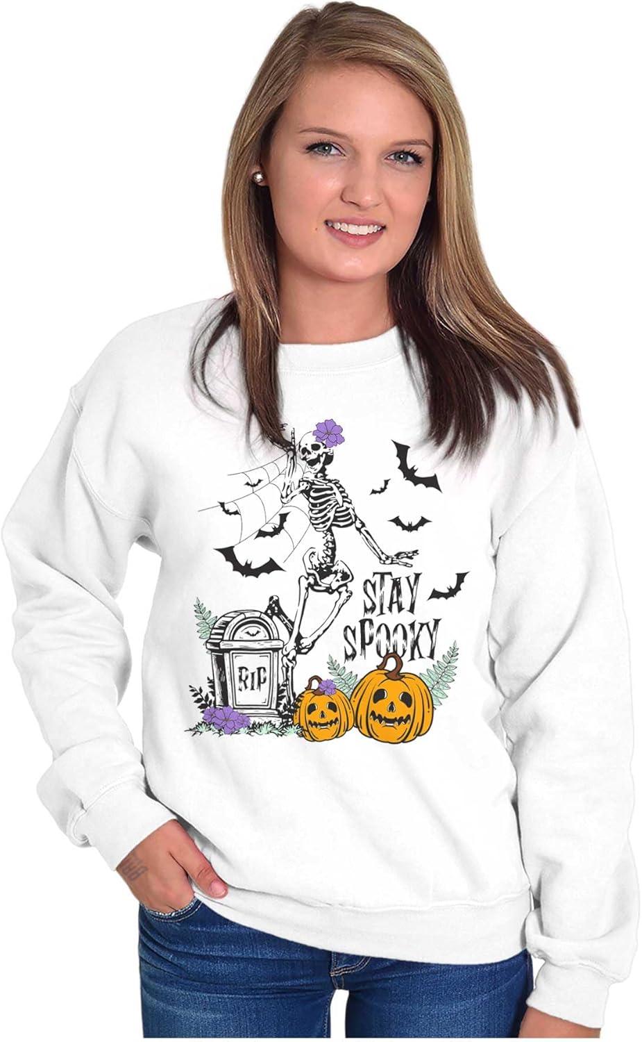 imageBrisco Brands Halloween Stay Spooky Skeleton Women Crewneck SweatshirtWhite