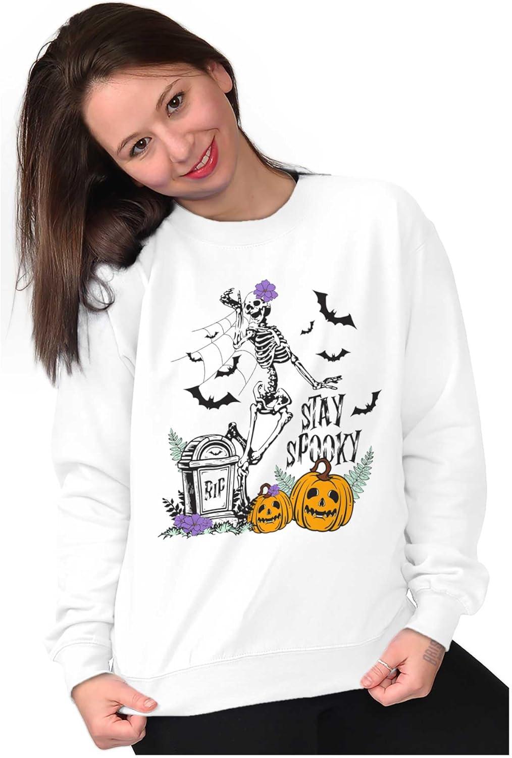 imageBrisco Brands Halloween Stay Spooky Skeleton Women Crewneck SweatshirtWhite
