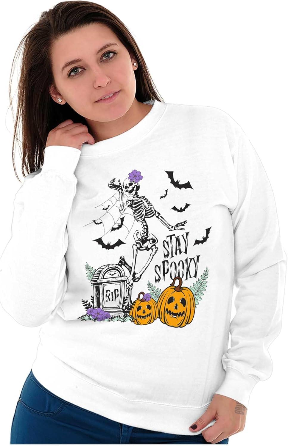 imageBrisco Brands Halloween Stay Spooky Skeleton Women Crewneck SweatshirtWhite
