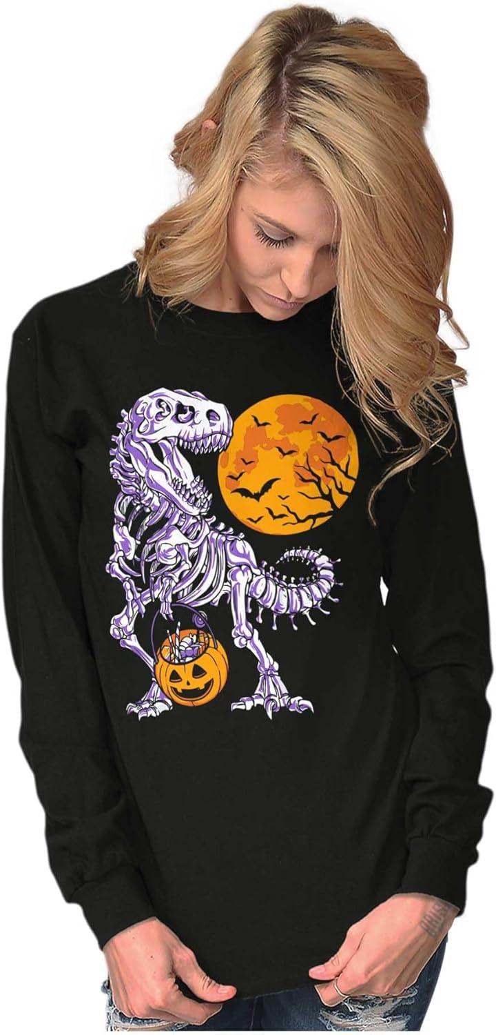imageBrisco Brands Halloween Trick or Treat Dino Bones Long Sleeve Tshirt Men WomenBlack