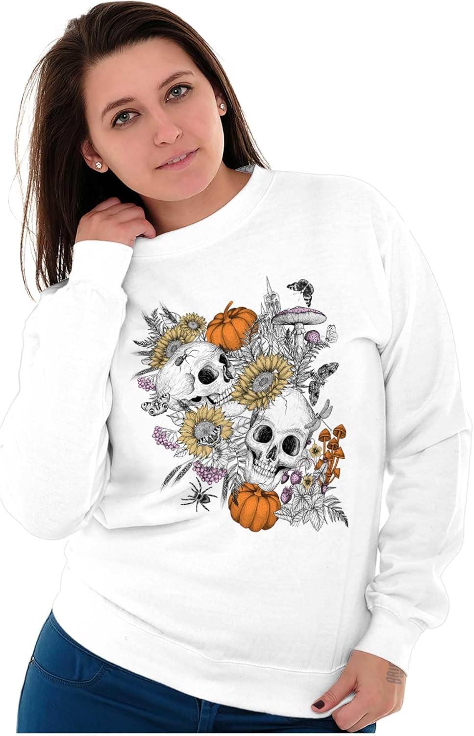 imageBrisco Brands Spooky Fall Autumn Skulls Flowers Women Crewneck SweatshirtWhite
