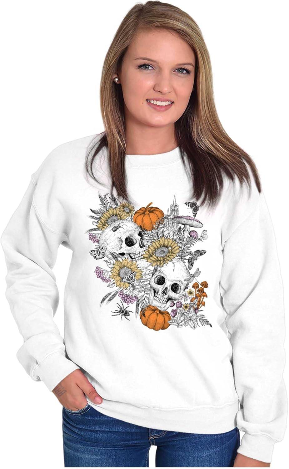 imageBrisco Brands Spooky Fall Autumn Skulls Flowers Women Crewneck SweatshirtWhite