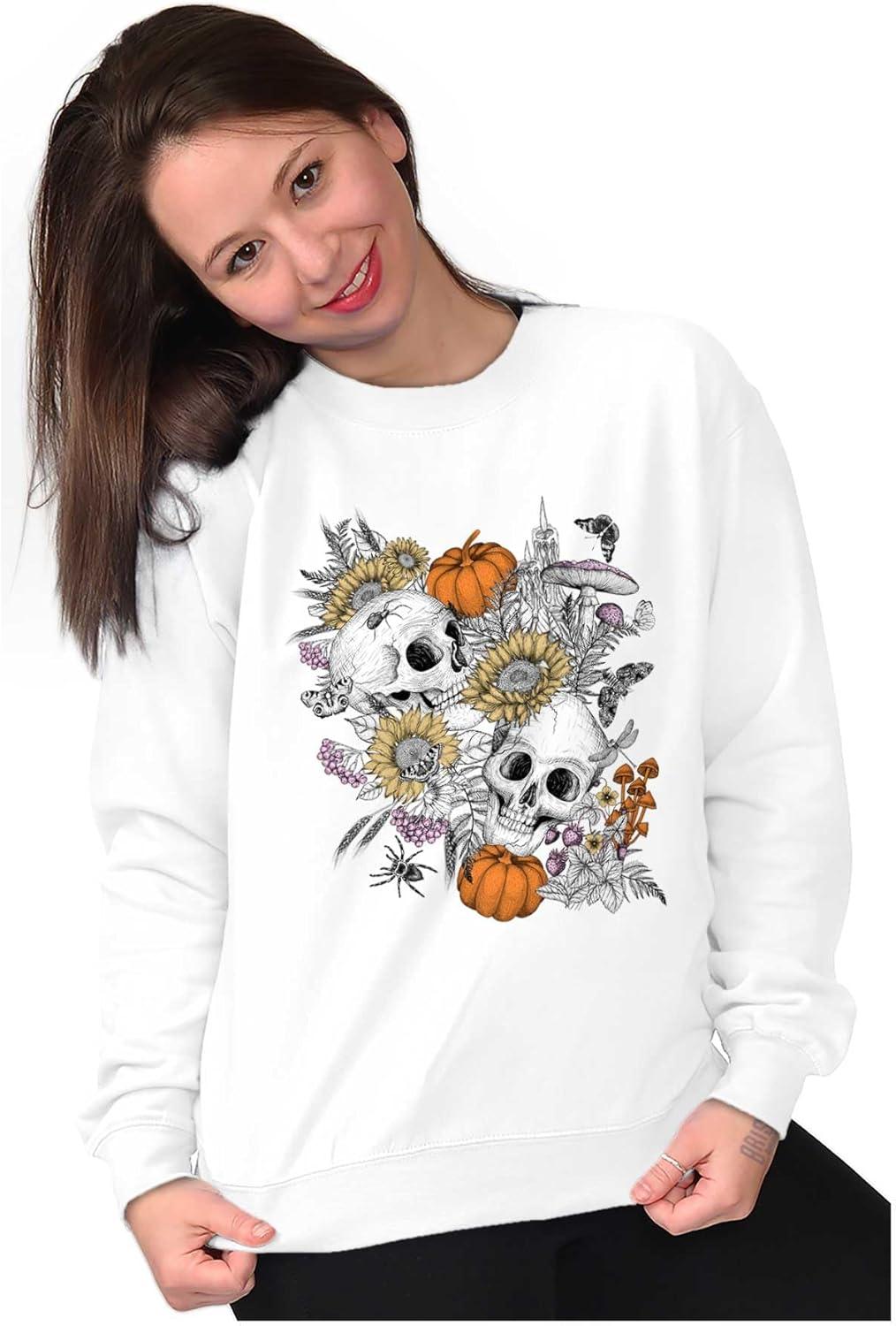 imageBrisco Brands Spooky Fall Autumn Skulls Flowers Women Crewneck SweatshirtWhite