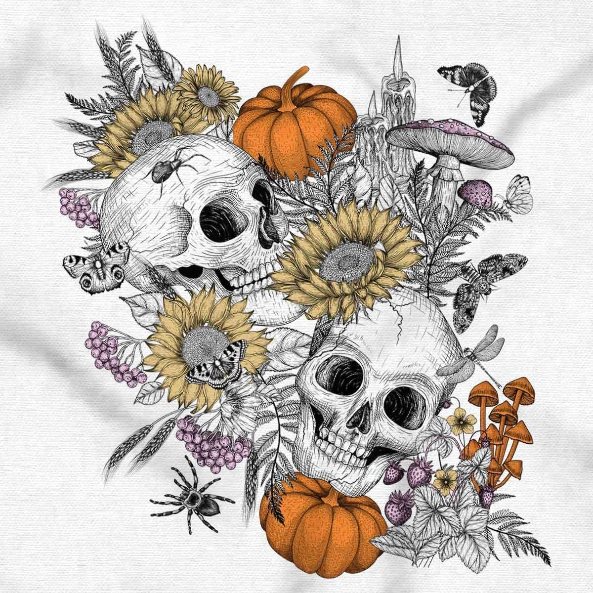 imageBrisco Brands Spooky Fall Autumn Skulls Flowers Womens Long Sleeve T ShirtWhite