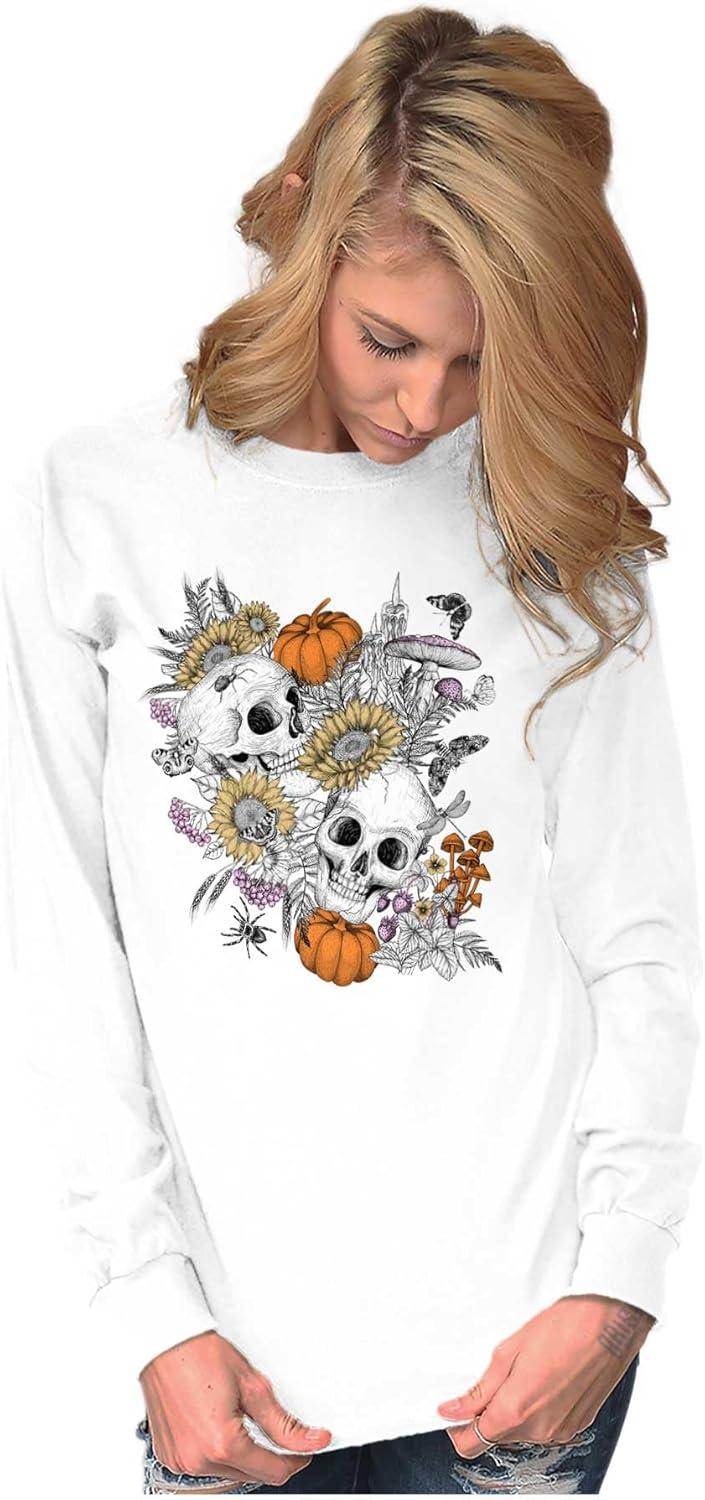 imageBrisco Brands Spooky Fall Autumn Skulls Flowers Womens Long Sleeve T ShirtWhite