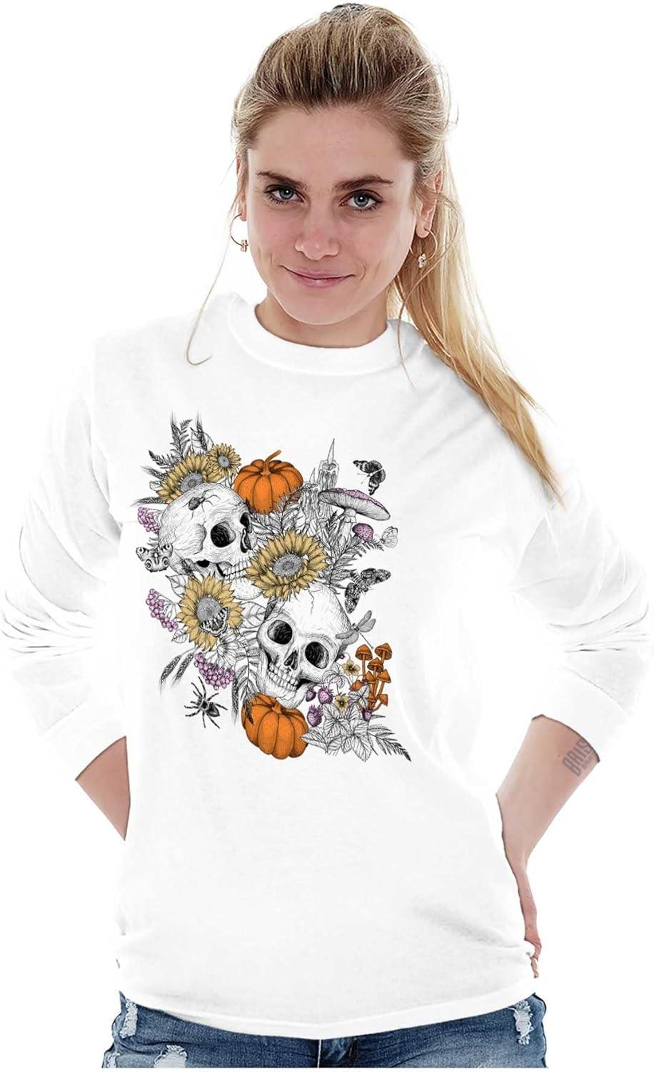 imageBrisco Brands Spooky Fall Autumn Skulls Flowers Womens Long Sleeve T ShirtWhite