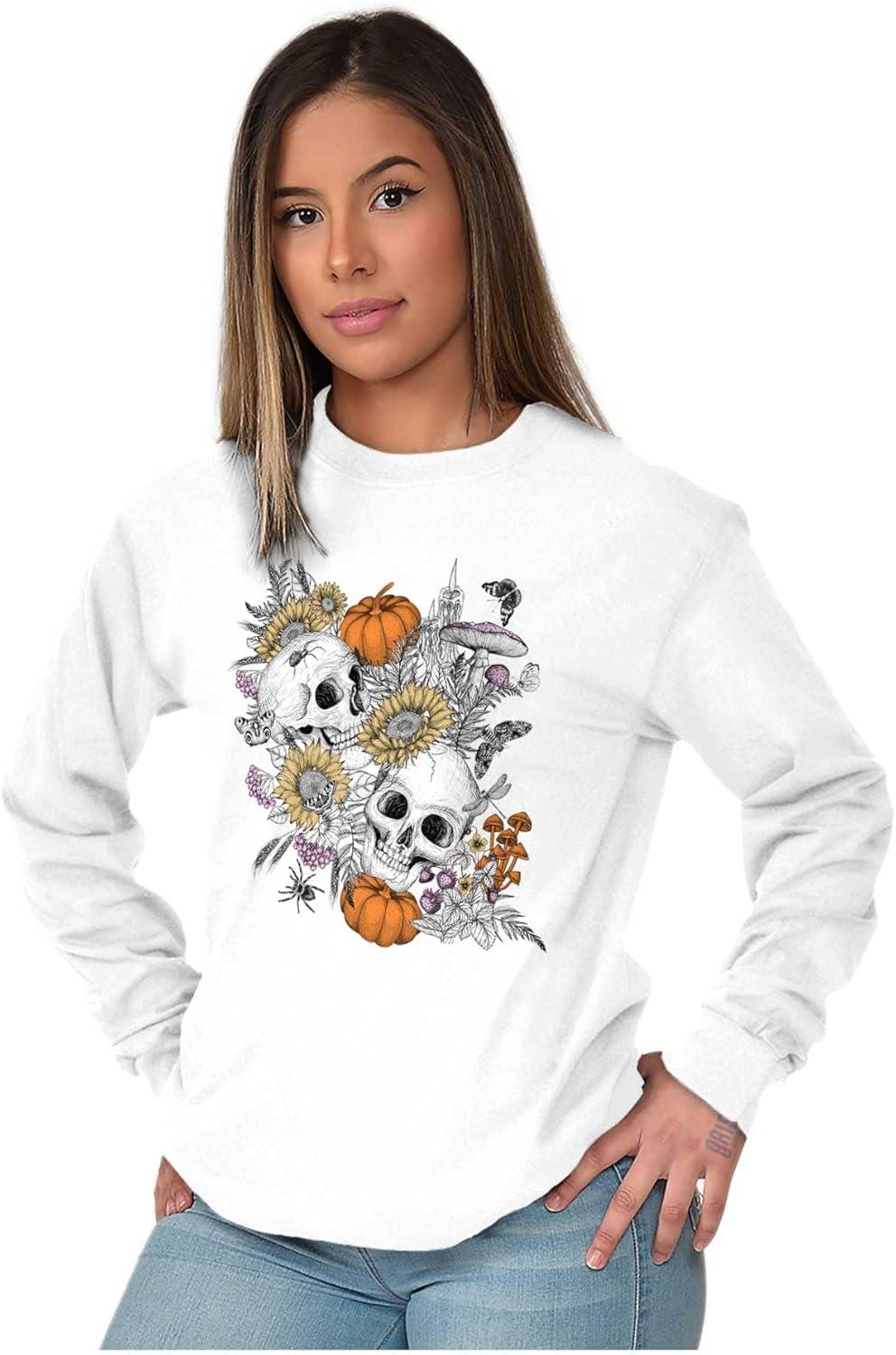 imageBrisco Brands Spooky Fall Autumn Skulls Flowers Womens Long Sleeve T ShirtWhite
