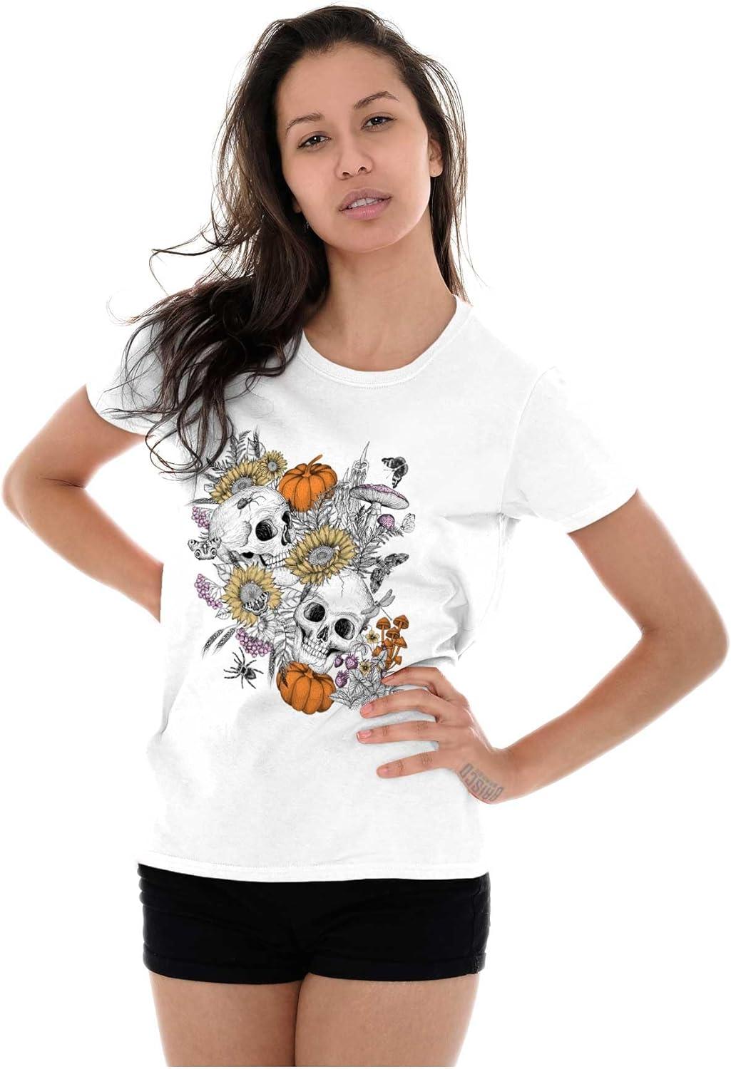 imageBrisco Brands Spooky Fall Autumn Skulls Flowers Womens Slim Fit Graphic TeeWhite