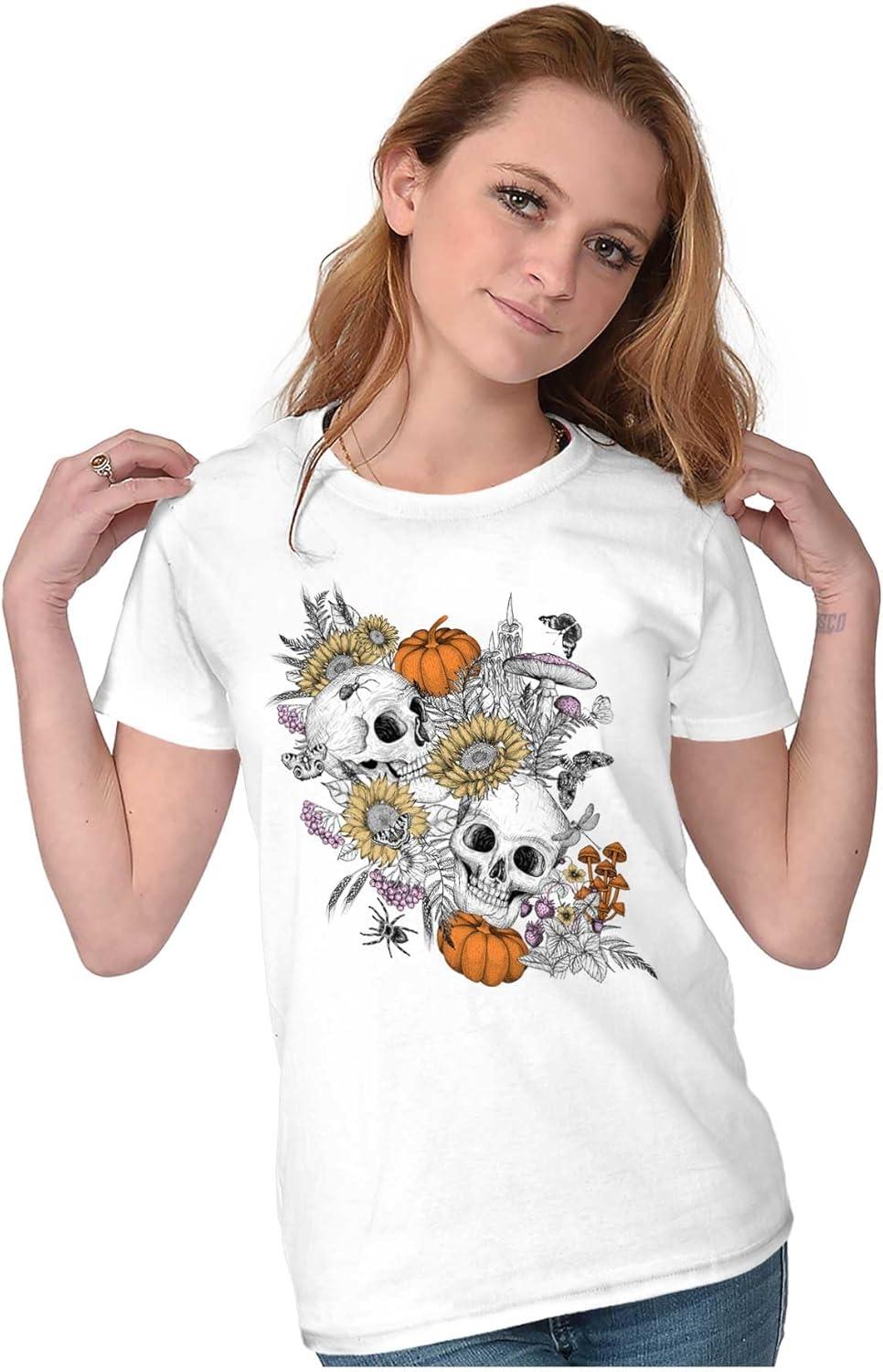 imageBrisco Brands Spooky Fall Autumn Skulls Flowers Womens Slim Fit Graphic TeeWhite