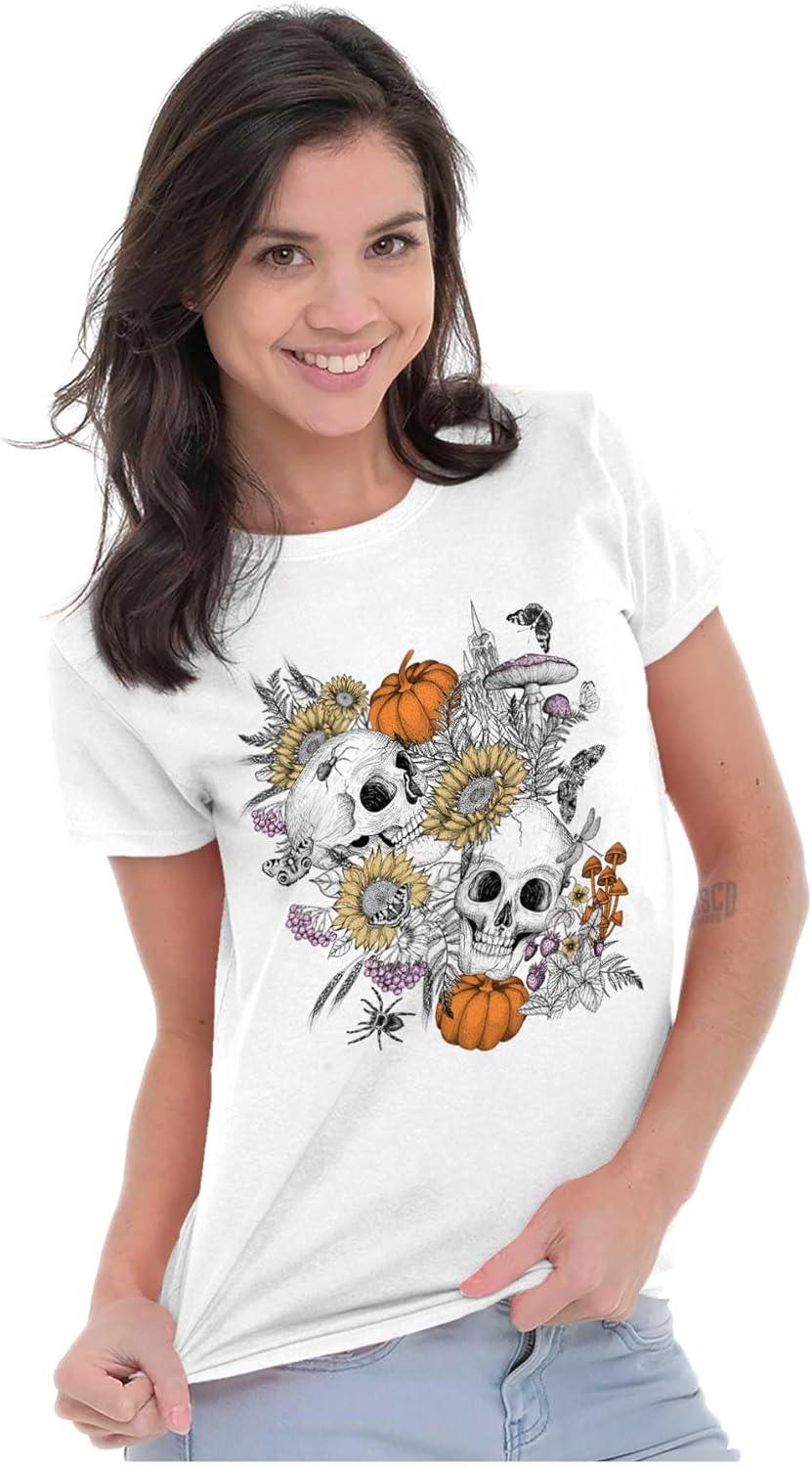 imageBrisco Brands Spooky Fall Autumn Skulls Flowers Womens Slim Fit Graphic TeeWhite