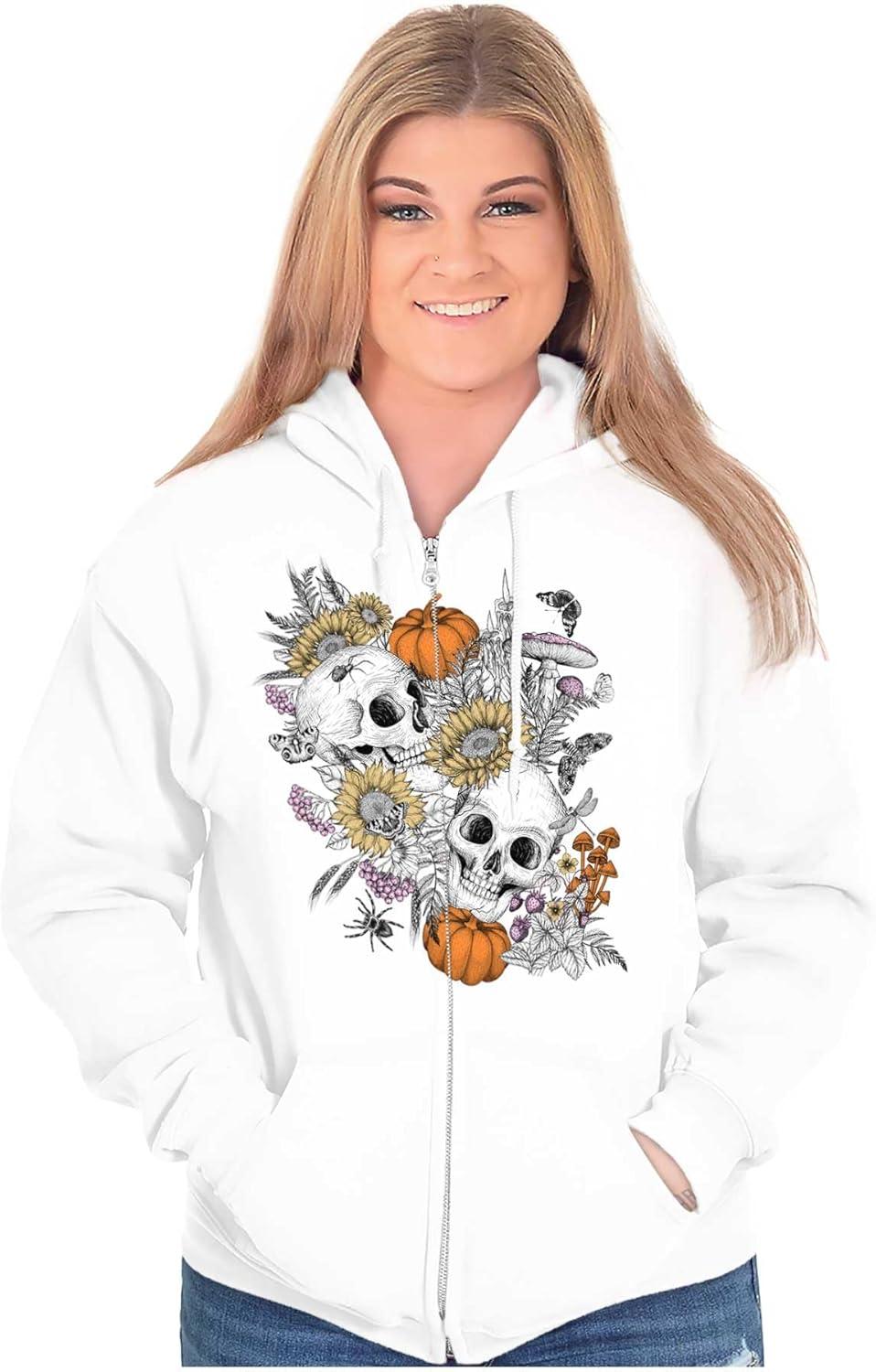 imageBrisco Brands Spooky Fall Autumn Skulls Flowers Zip Hoodie Sweatshirt WomenWhite