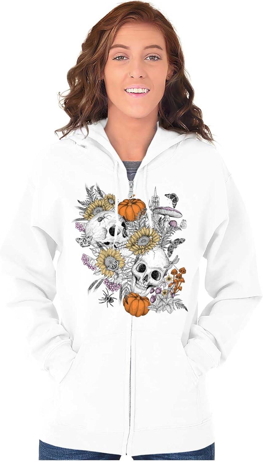 imageBrisco Brands Spooky Fall Autumn Skulls Flowers Zip Hoodie Sweatshirt WomenWhite
