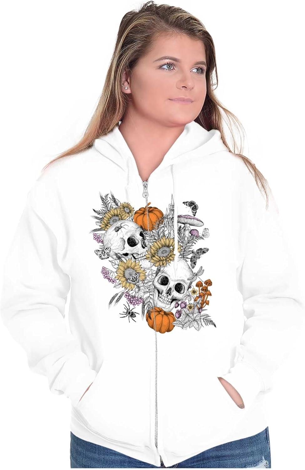 imageBrisco Brands Spooky Fall Autumn Skulls Flowers Zip Hoodie Sweatshirt WomenWhite