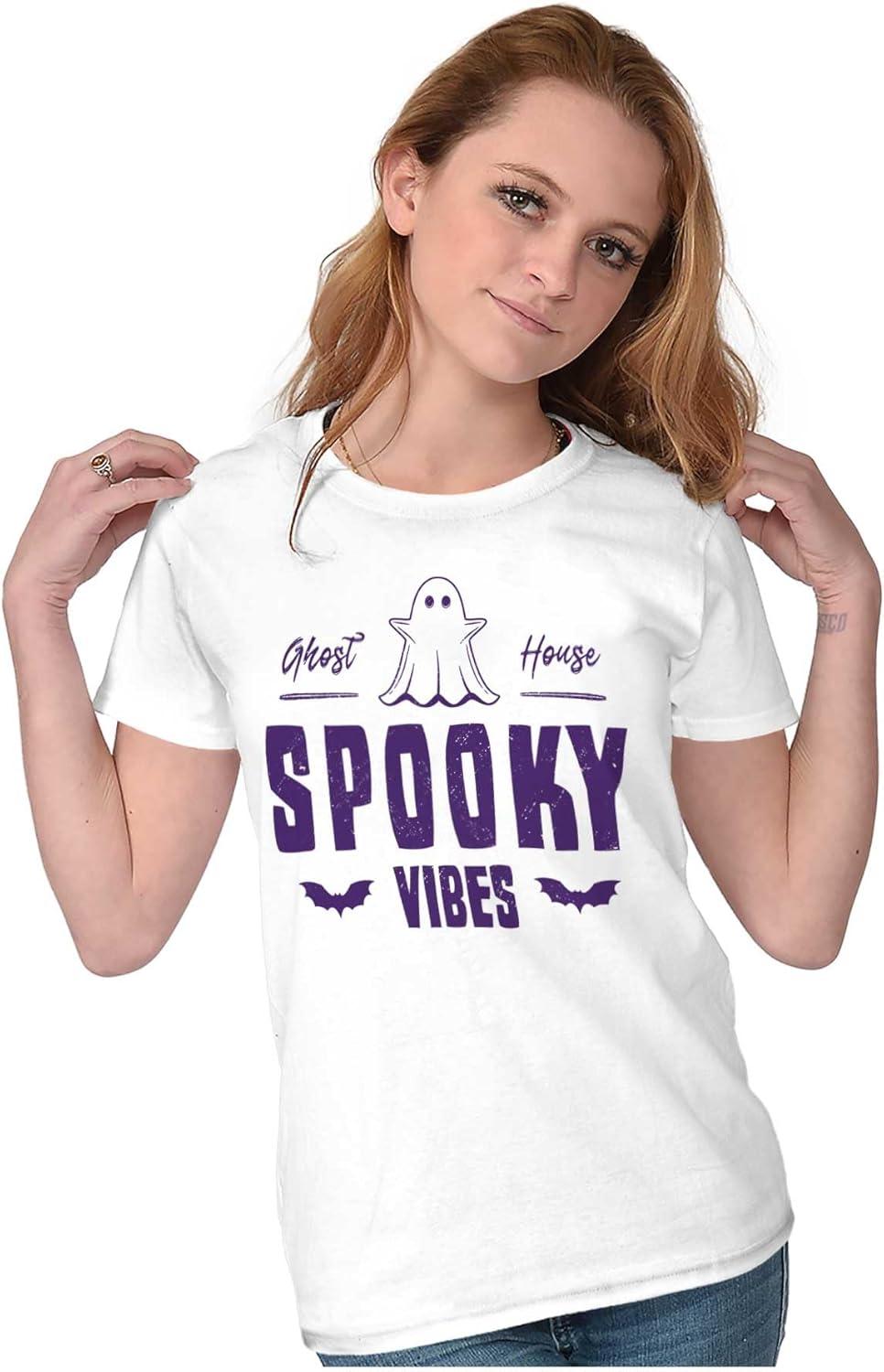 imageCool Halloween Ghost Spooky Vibes Womens Slim Fit Graphic TeeWhite