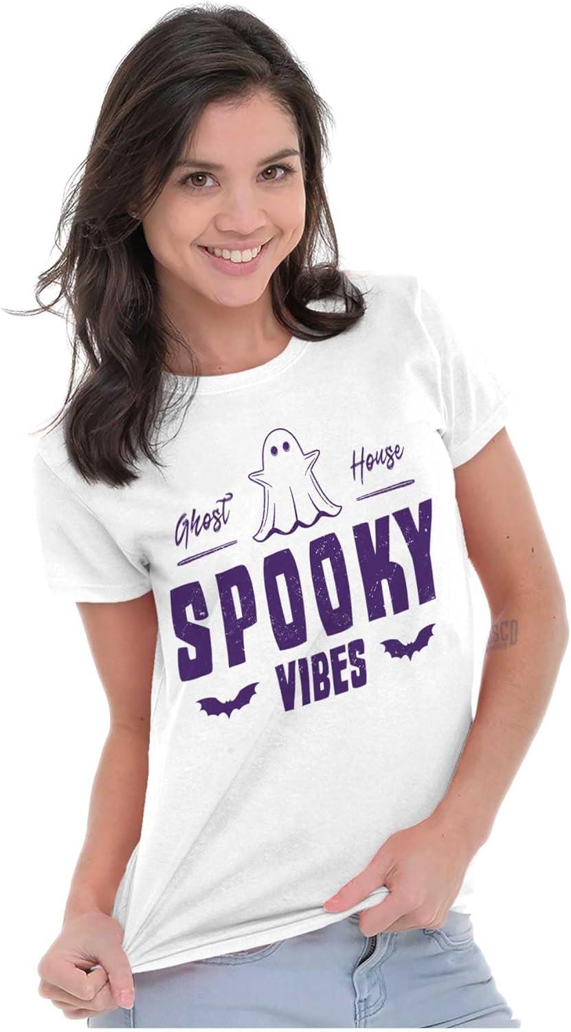 imageCool Halloween Ghost Spooky Vibes Womens Slim Fit Graphic TeeWhite