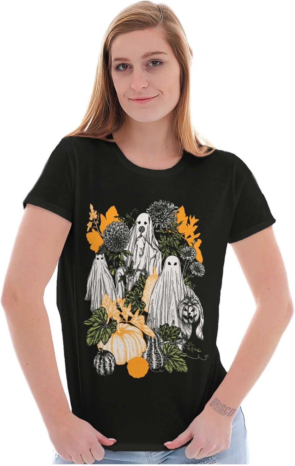 imageFall Autumn Ghosts and Pumpkins Womens Slim Fit Graphic TeeBlack