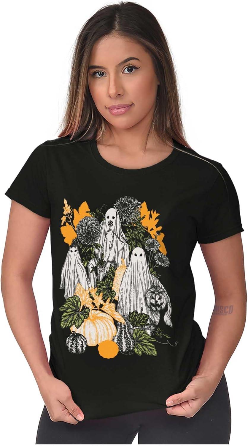 imageFall Autumn Ghosts and Pumpkins Womens Slim Fit Graphic TeeBlack