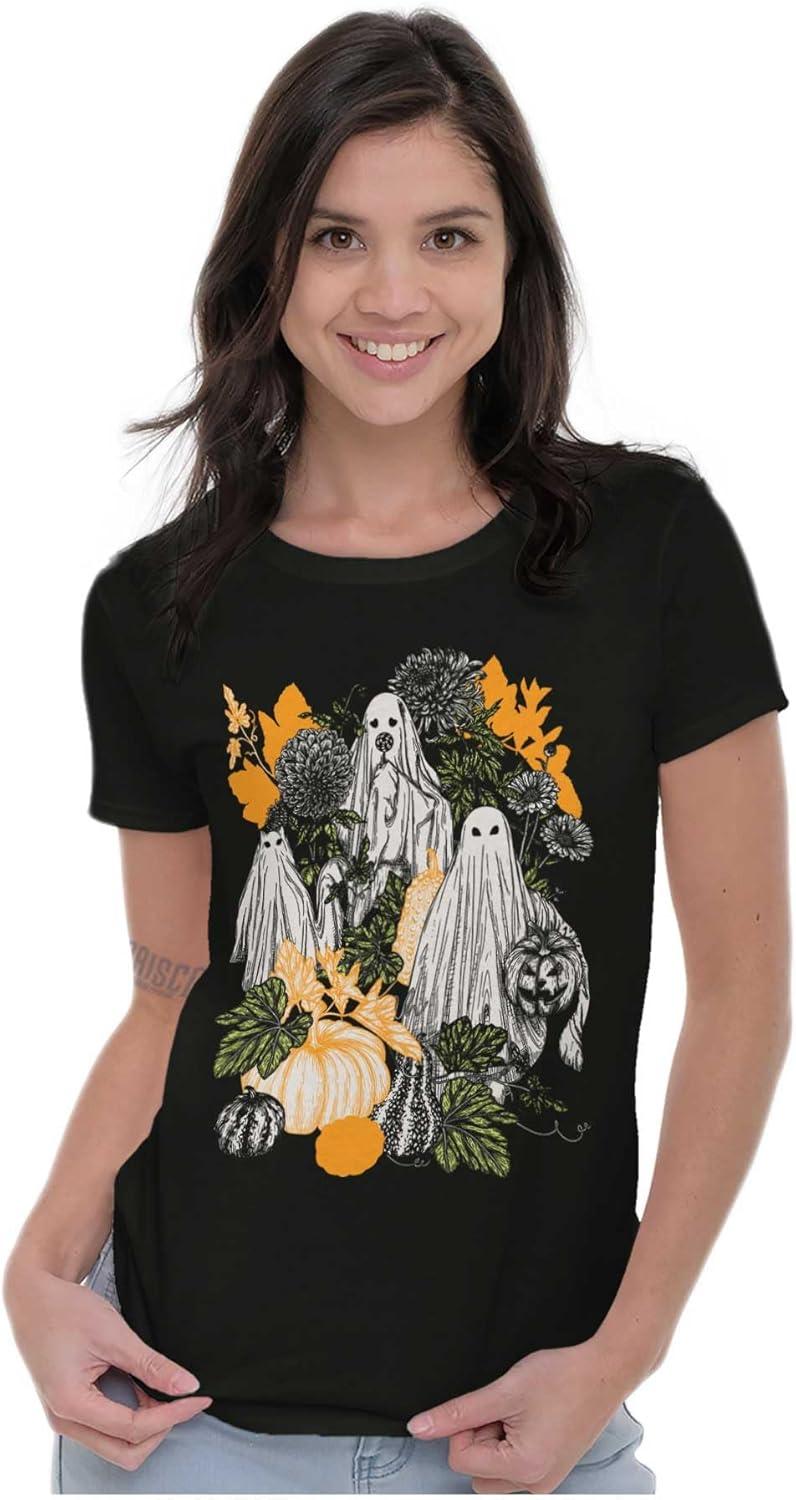 imageFall Autumn Ghosts and Pumpkins Womens Slim Fit Graphic TeeBlack